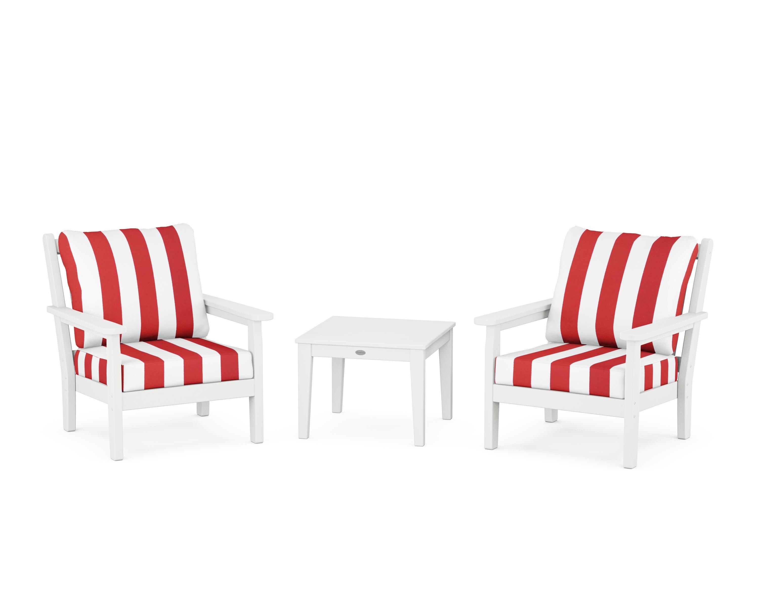 Chippendale 3-Piece Deep Seating Set in White / Cabana Stripe Crimson