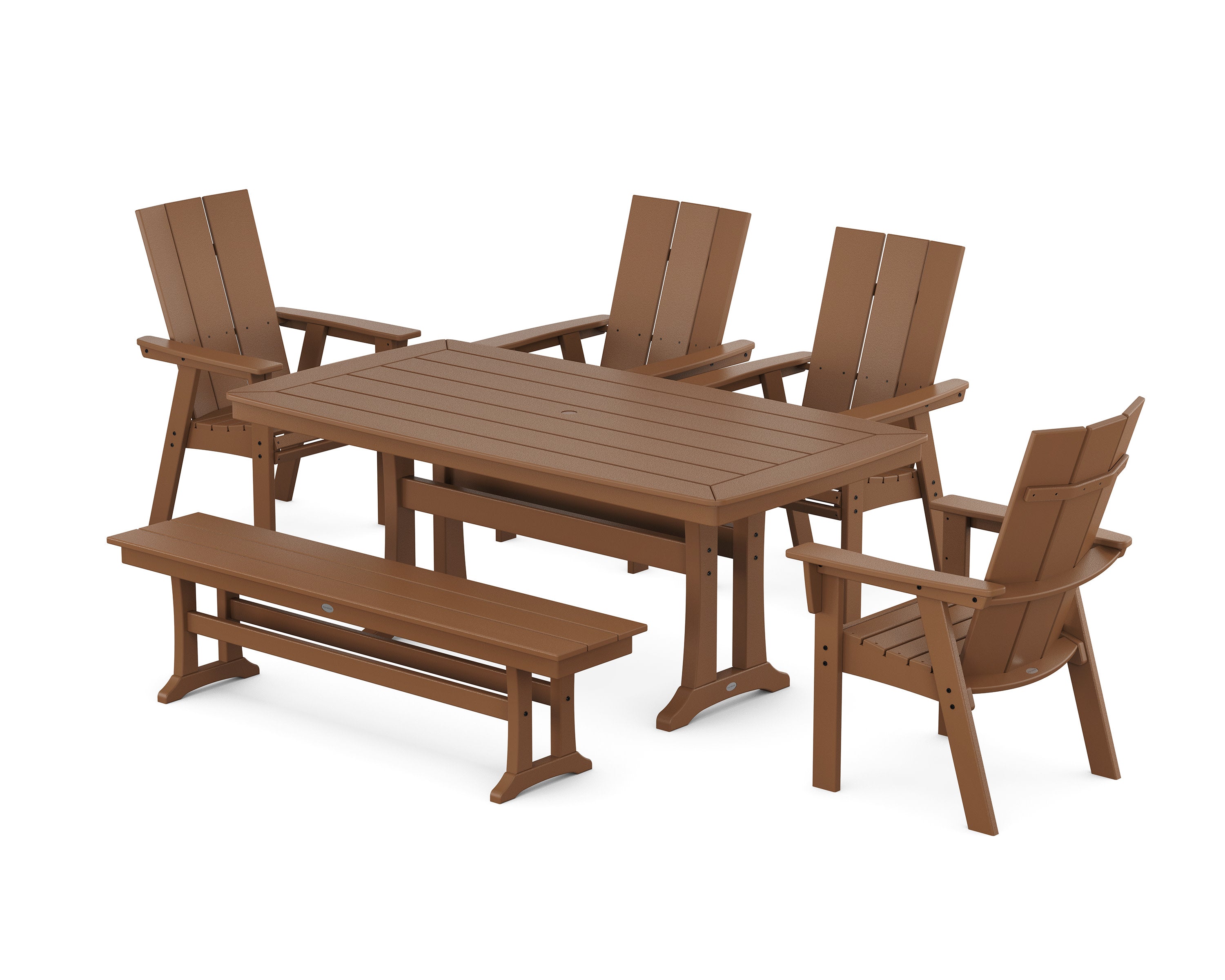 Modern Curveback Adirondack 6-Piece Farmhouse Dining Set with Trestle Legs and Bench in Teak