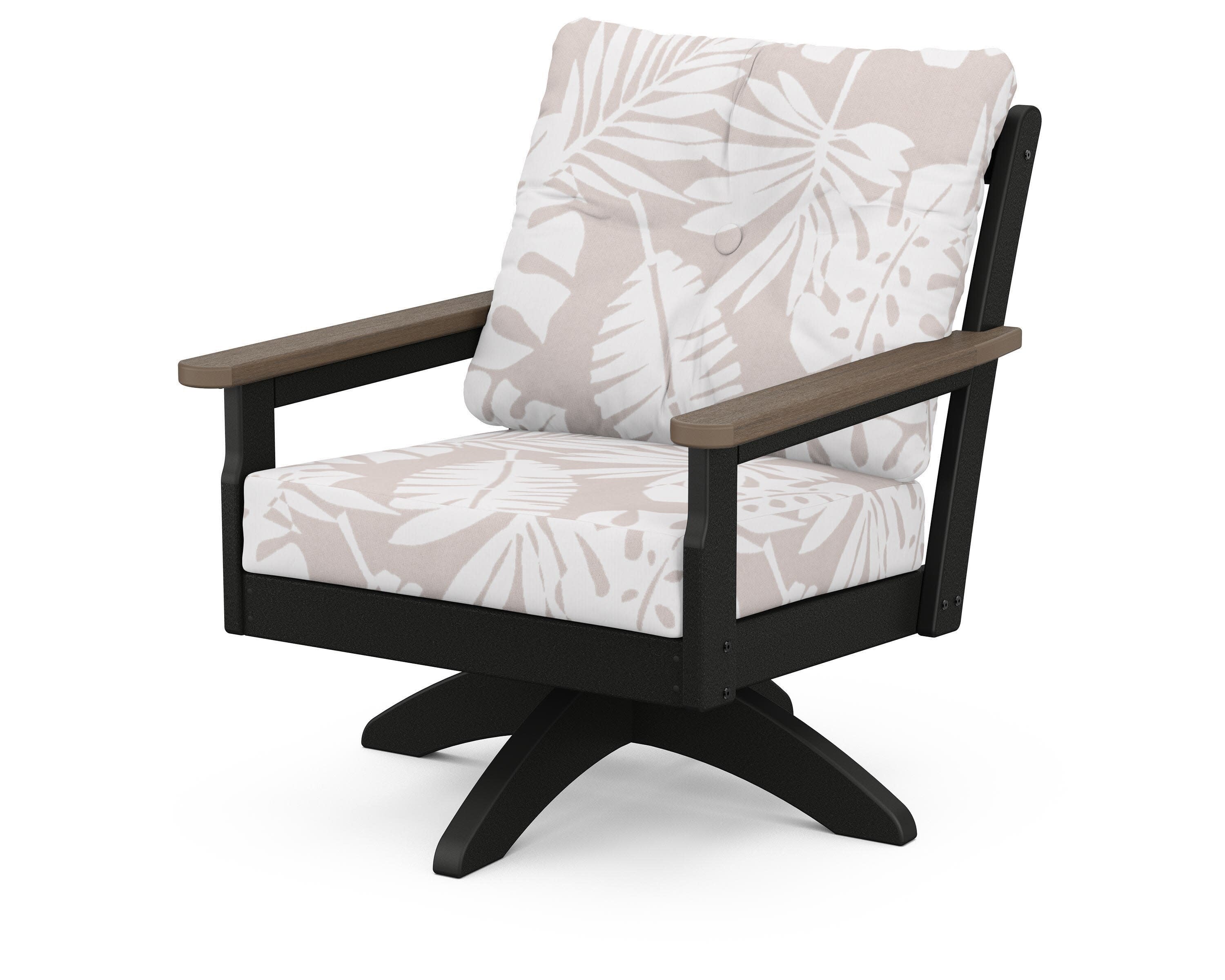 Vineyard Deep Seating Swivel Chair in Black / Kona / Leaf Dune Burlap