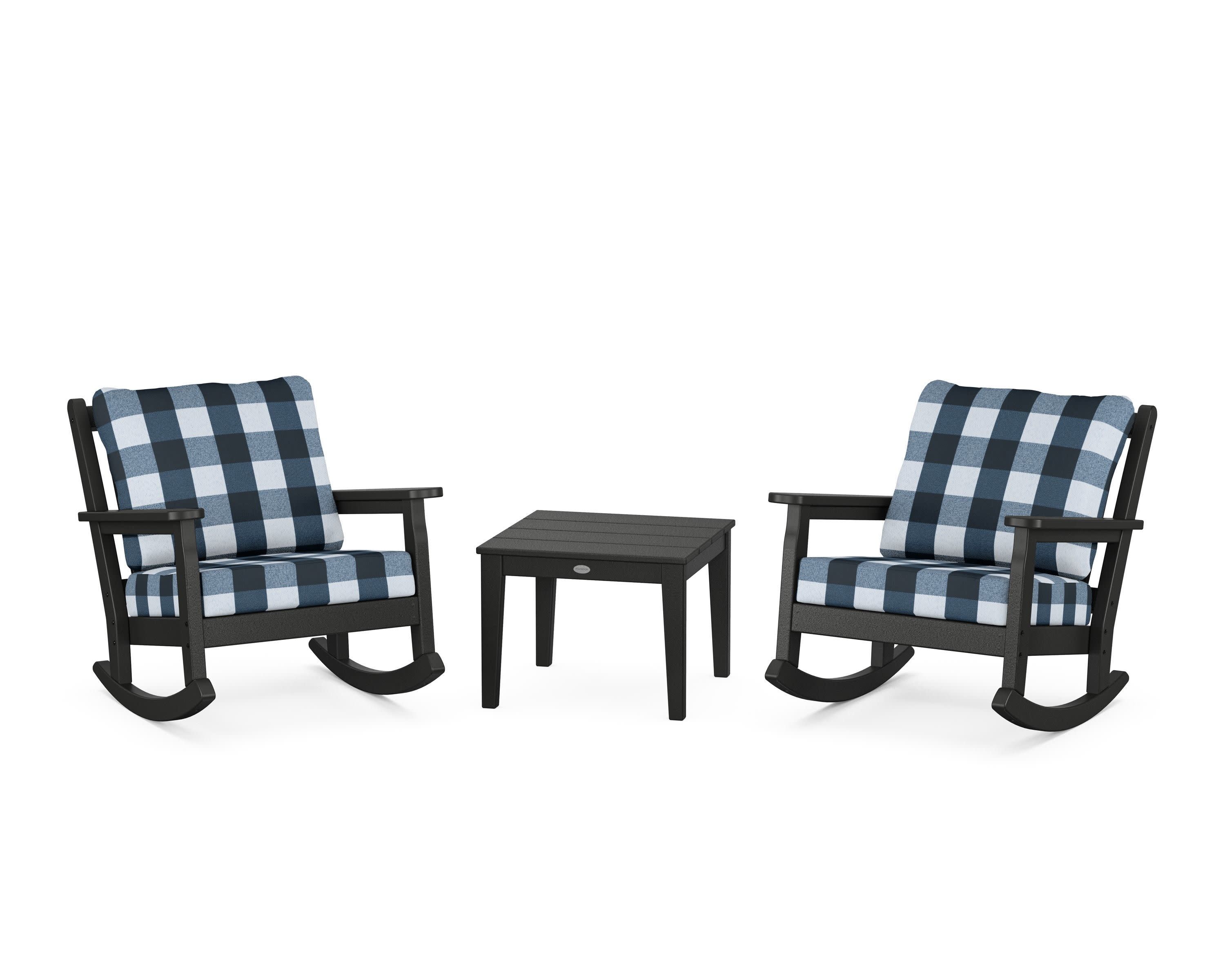 Chippendale 3-Piece Deep Seating Rocker Set in Black / Buffalo Plaid Marine Indigo