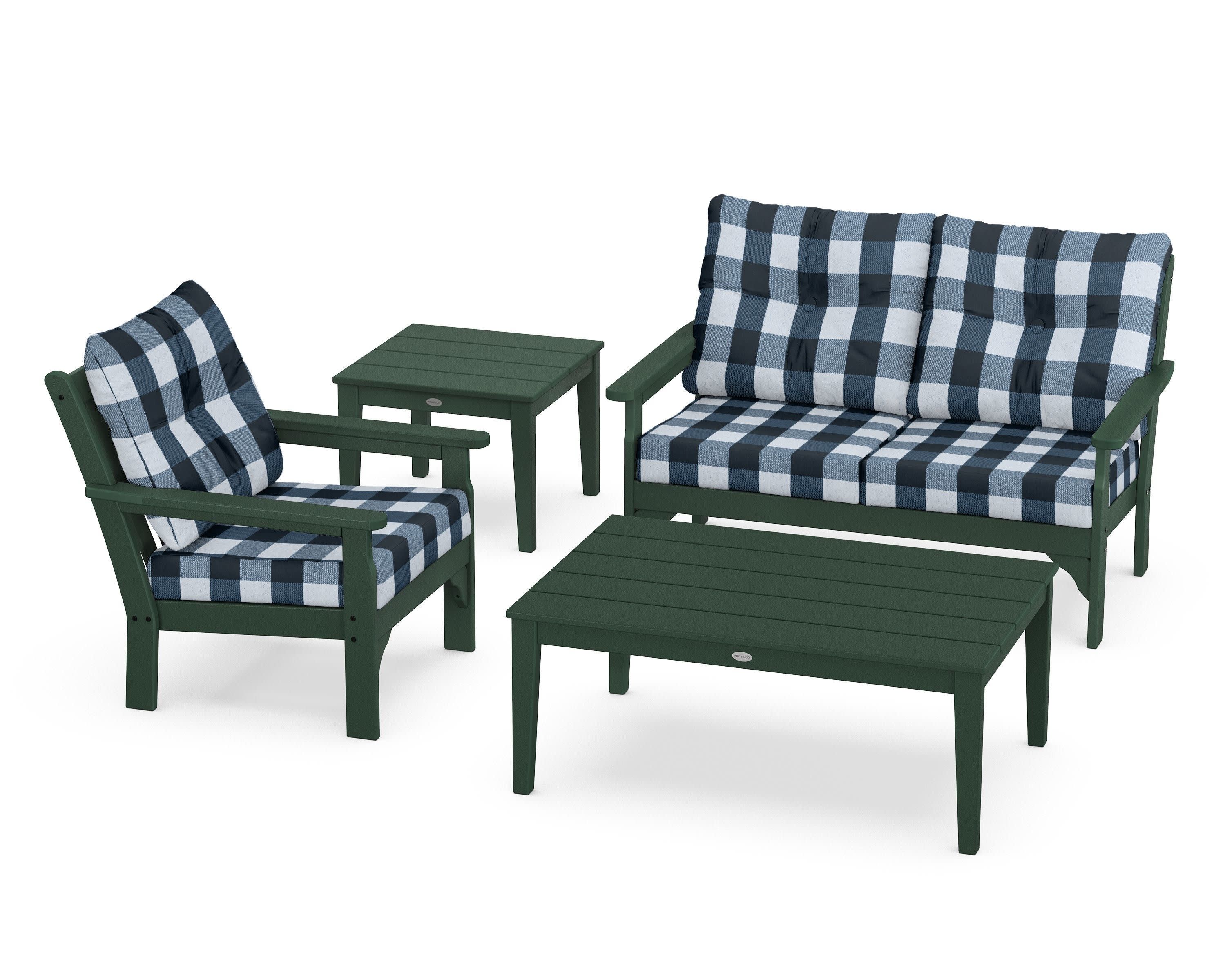 Vineyard 4-Piece Deep Seating Set in Green / Buffalo Plaid Marine Indigo