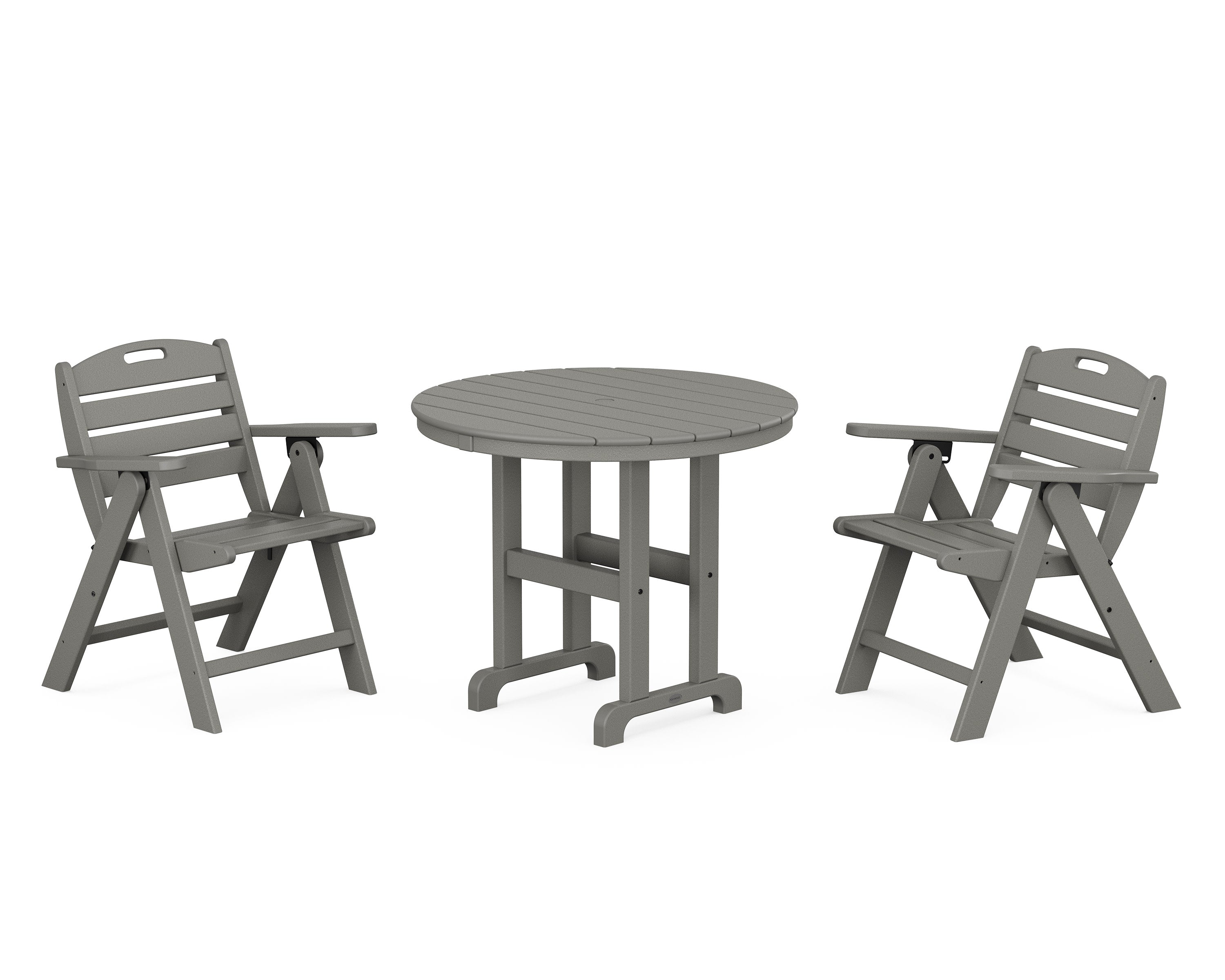 Nautical Folding Lowback Chair 3-Piece Round Dining Set in Slate Grey