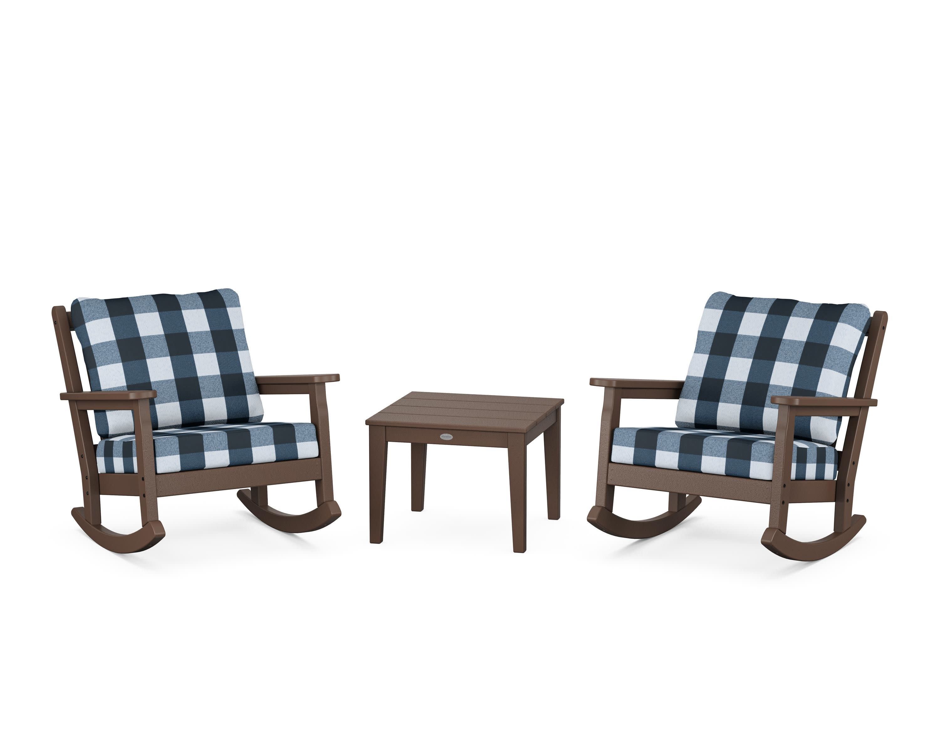 Chippendale 3-Piece Deep Seating Rocker Set in Mahogany / Buffalo Plaid Marine Indigo