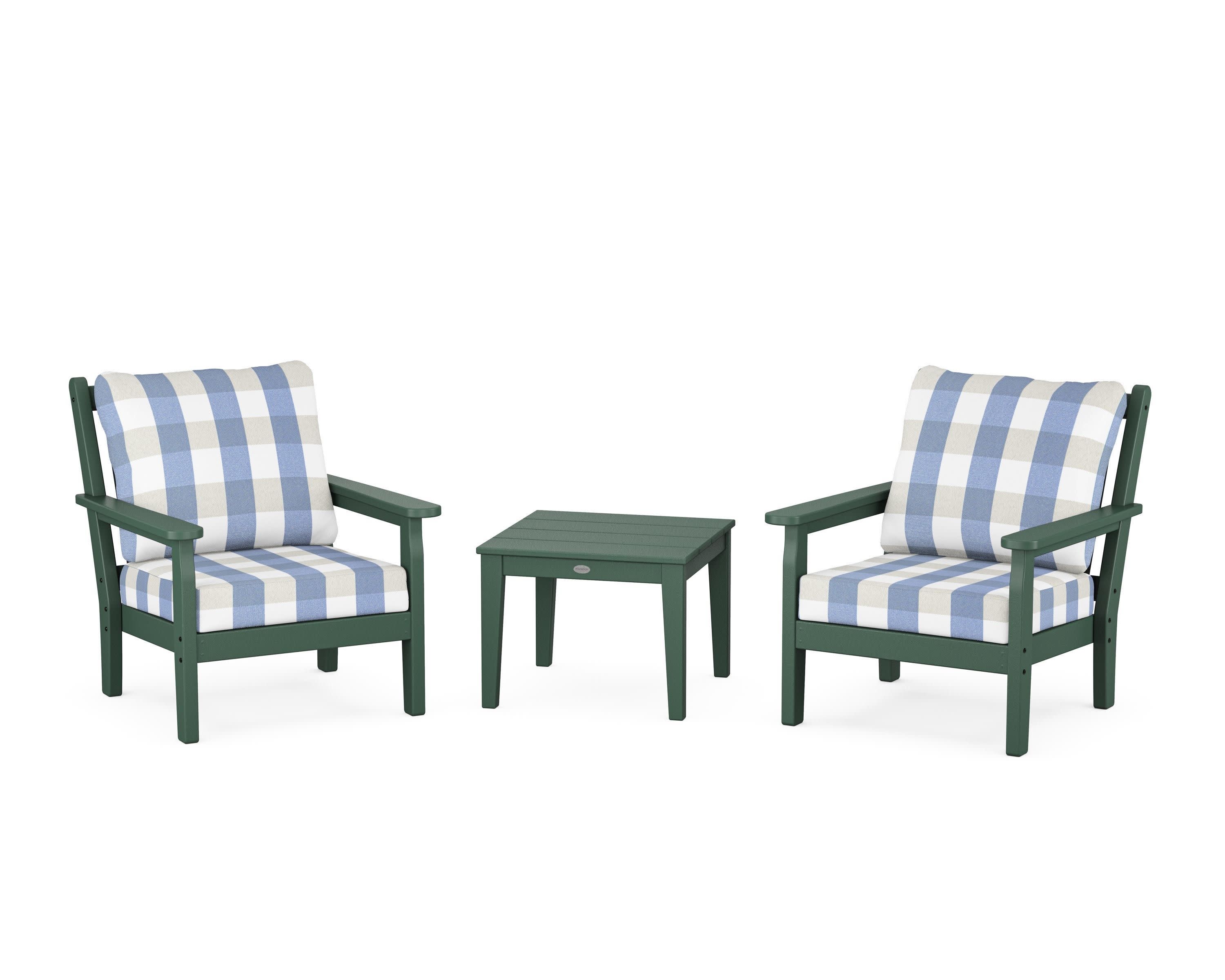Chippendale 3-Piece Deep Seating Set in Green / Buffalo Plaid Sky Blue