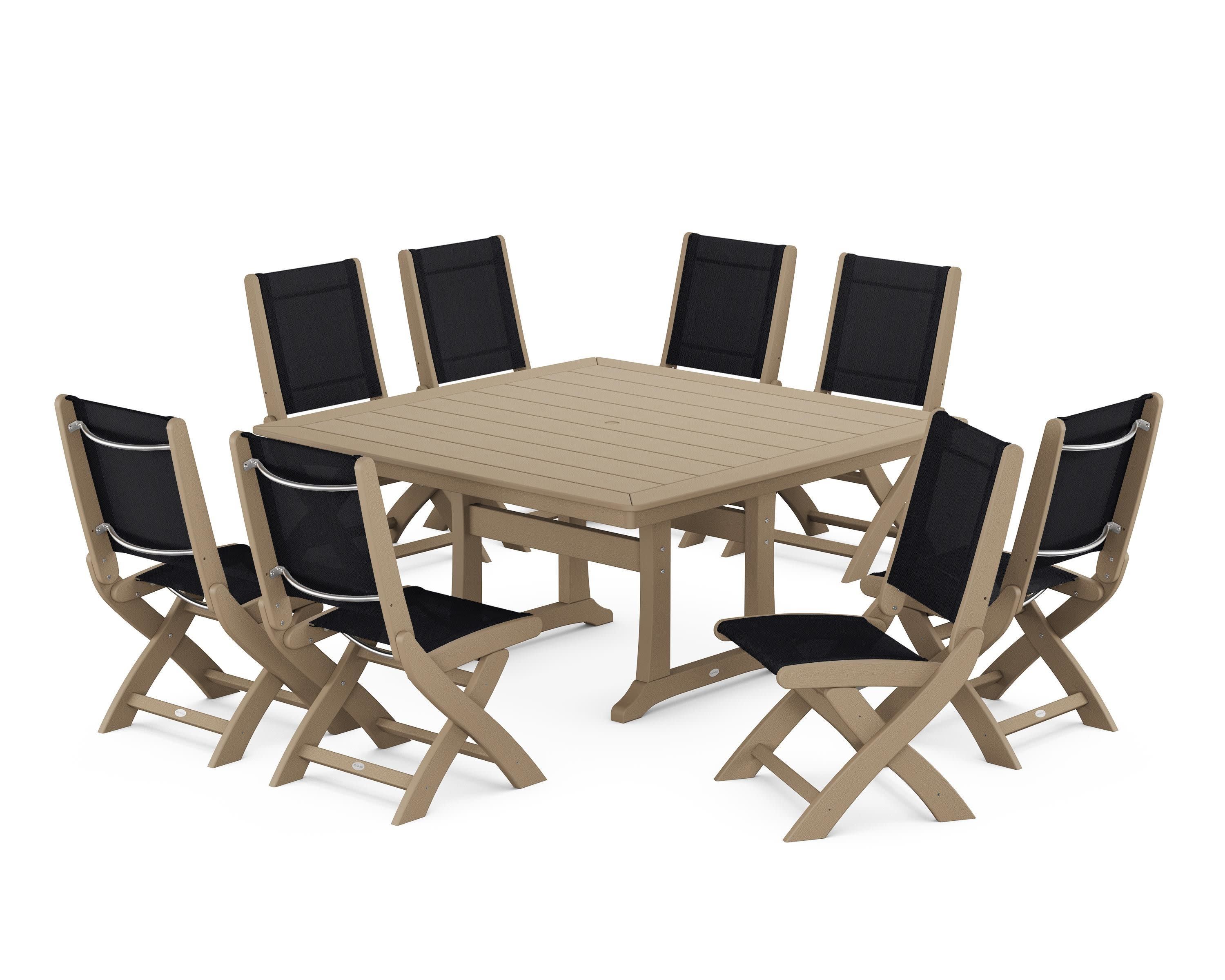 Coastal Folding Side Chair 9-Piece Dining Set with Trestle Legs in Vintage Sahara / Black Sling