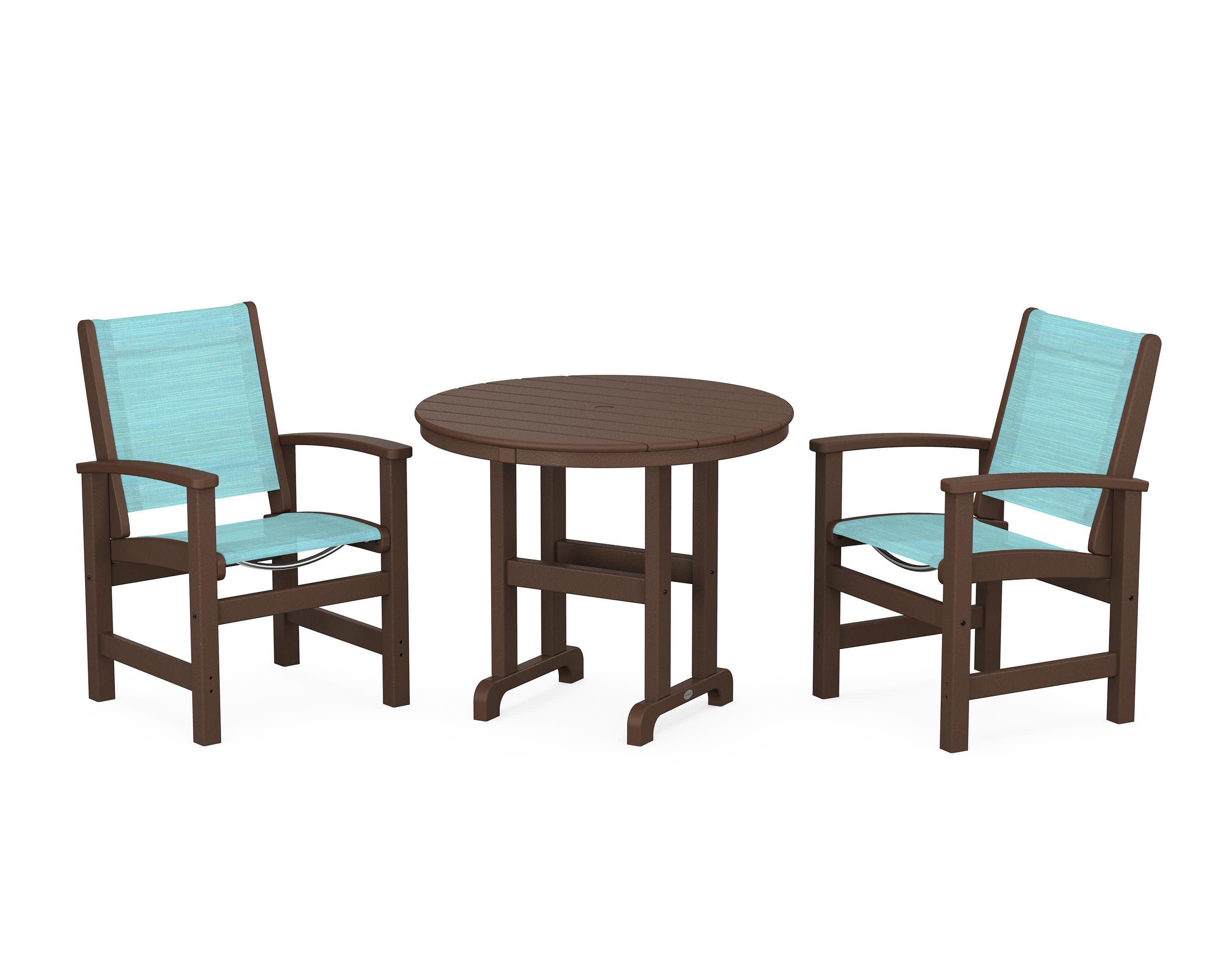 Coastal 3-Piece Round Dining Set in Mahogany / Dupioni Aquamarine Sling