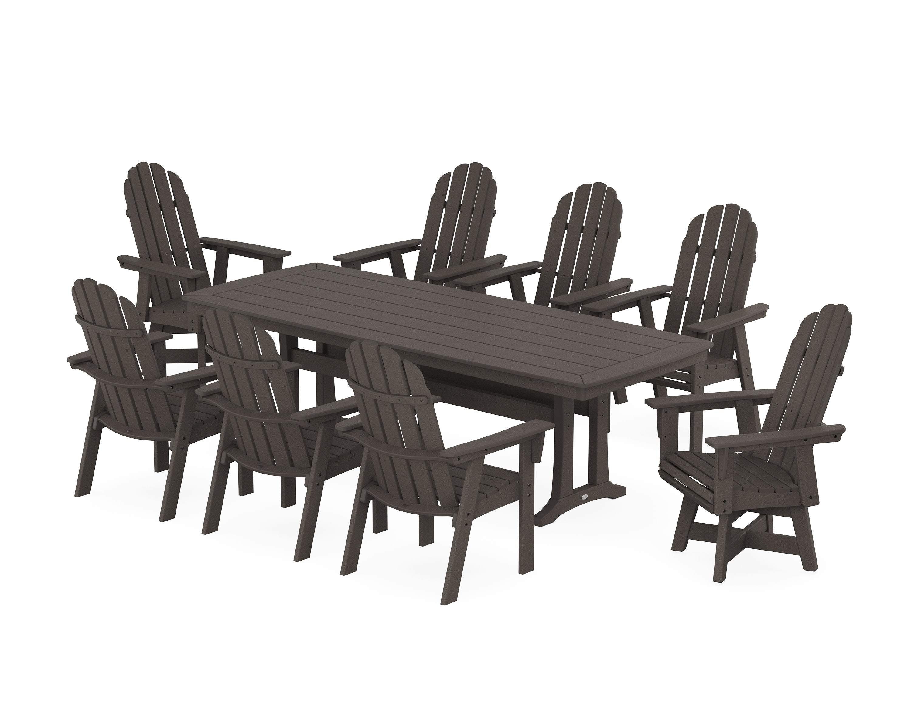 Vineyard Curveback Adirondack Swivel 9-Piece Dining Set with Trestle Legs in Vintage Coffee