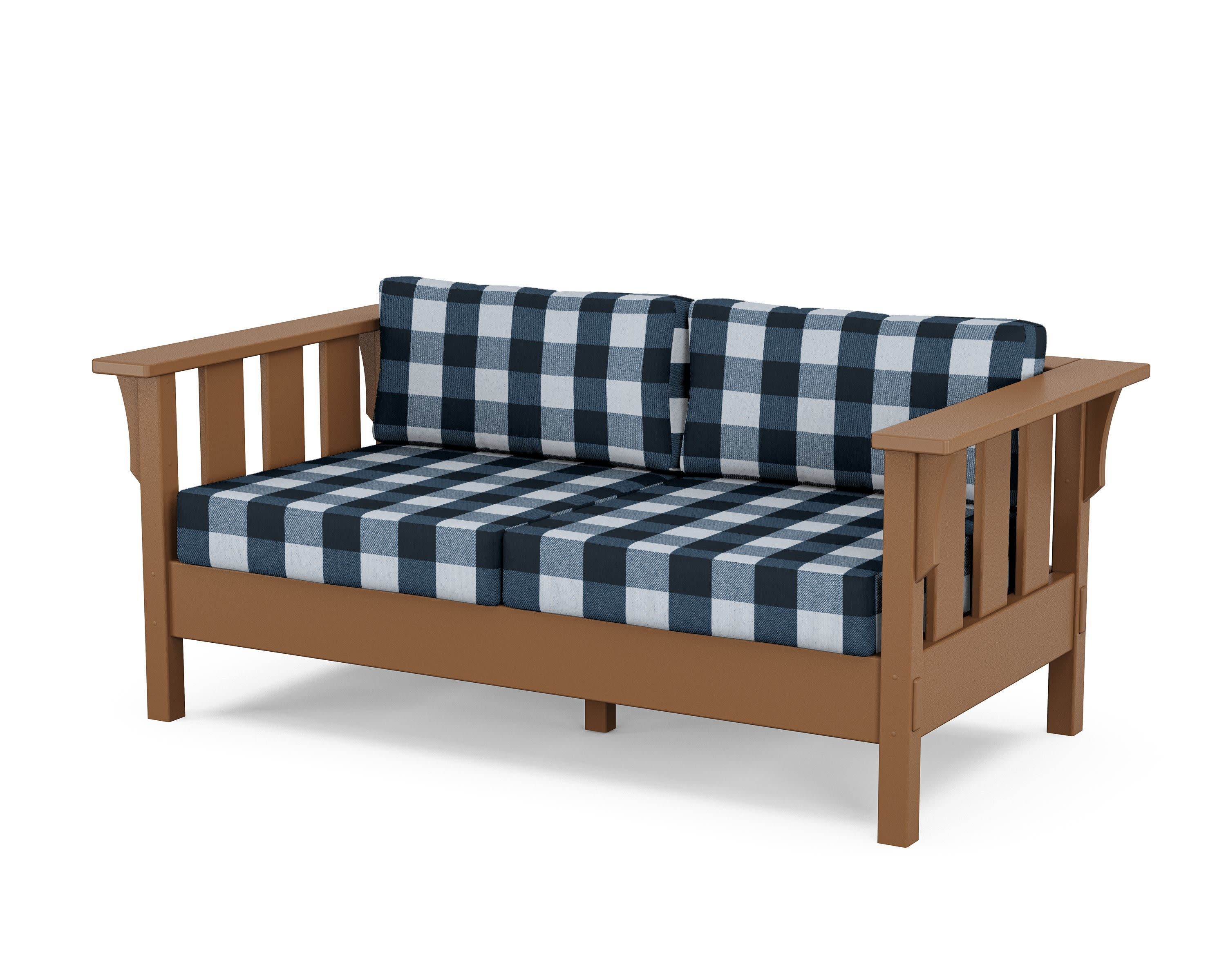 Acadia Deep Seating Loveseat in Teak / Buffalo Plaid Marine Indigo