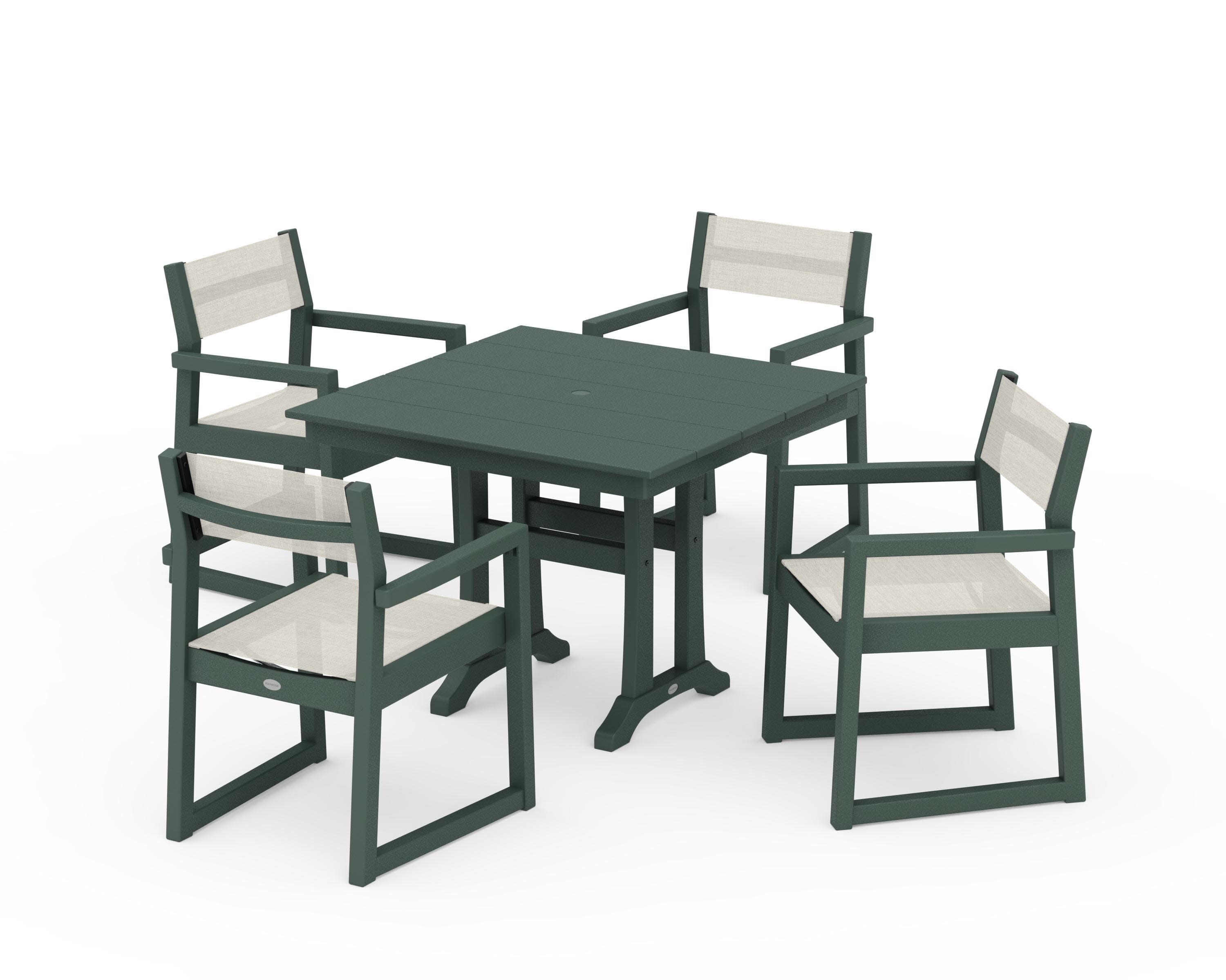 EDGE Sling 5-Piece Farmhouse Dining Set with Trestle Legs in Green / Parchment Sling