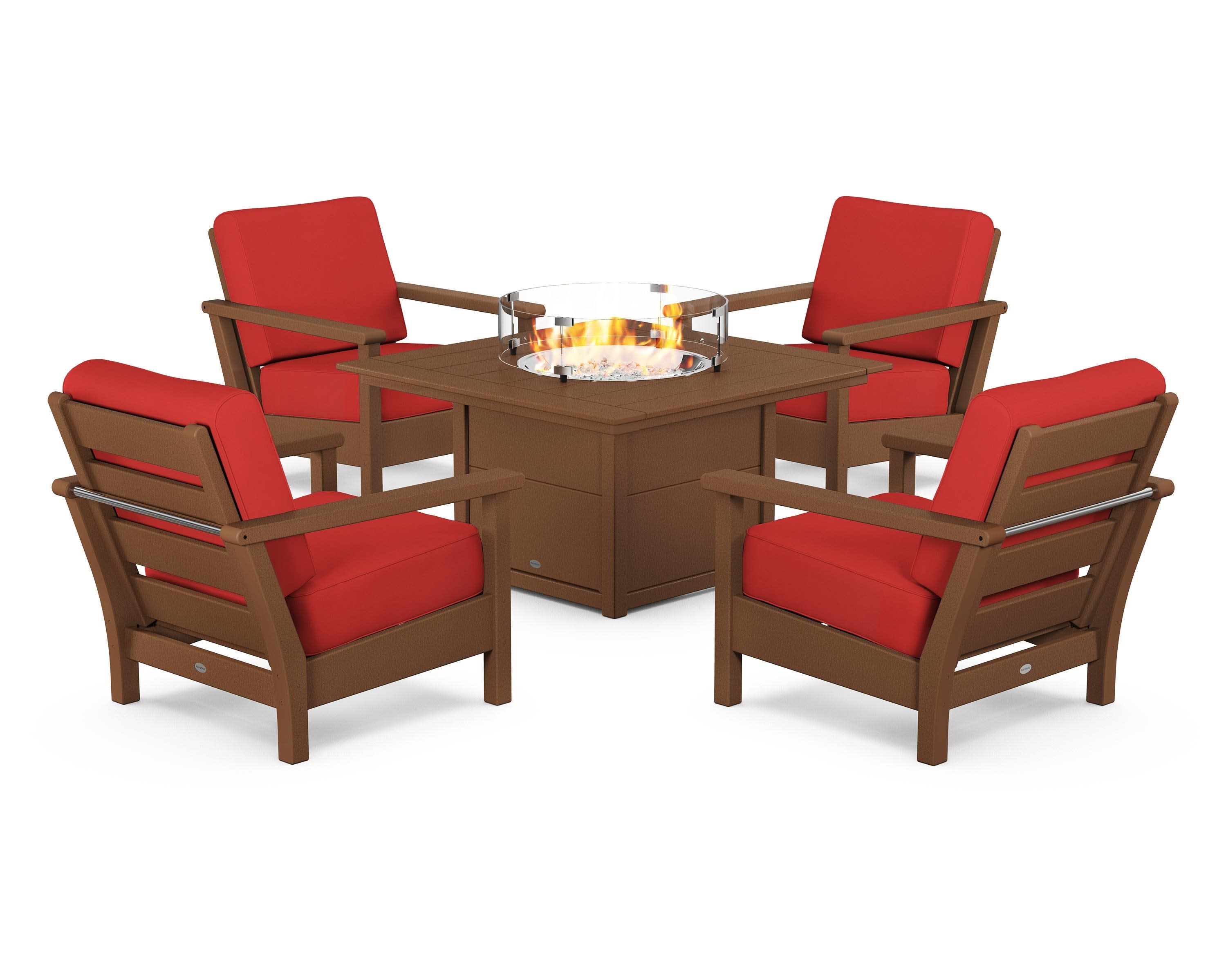 Harbour 5-Piece Conversation Set with Fire Pit Table in Teak / Crimson Linen