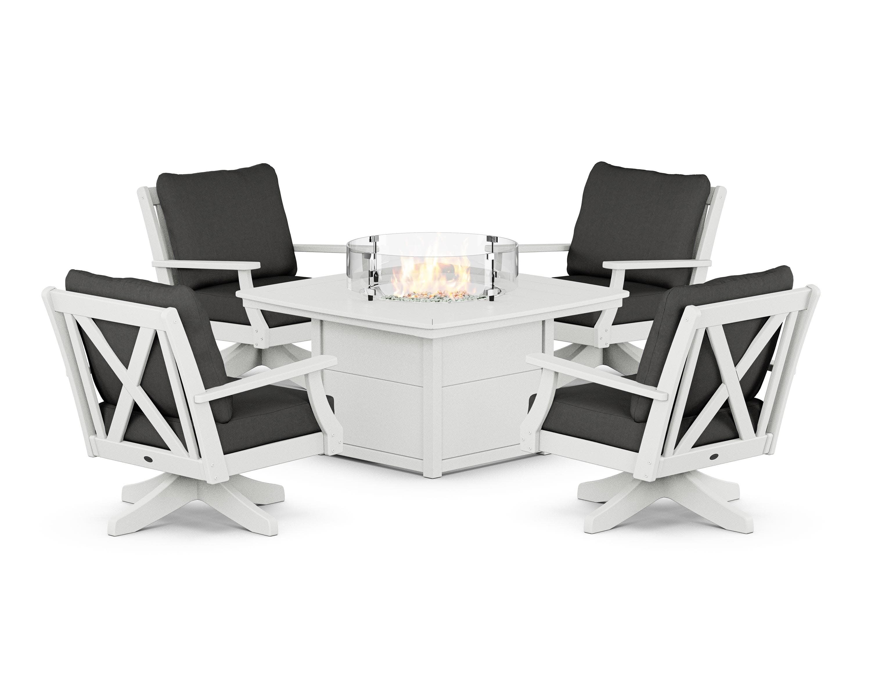 Braxton 5-Piece Deep Seating Swivel Conversation Set with Fire Pit Table in White / Spectrum Carbon