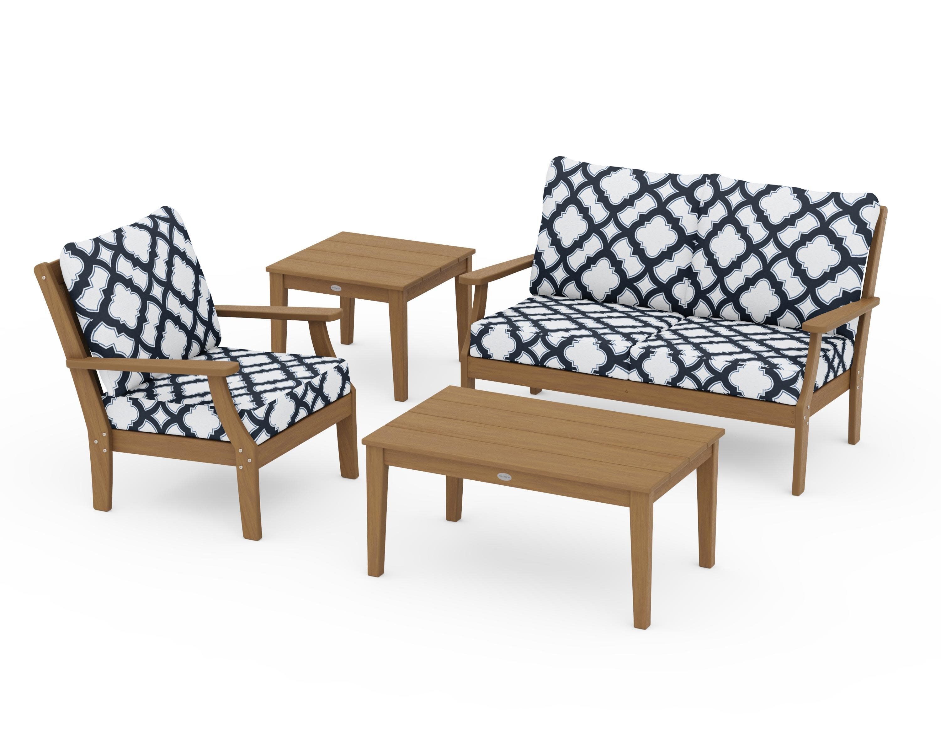 Braxton 4-Piece Deep Seating Set in Natural / Trellis Marine Indigo