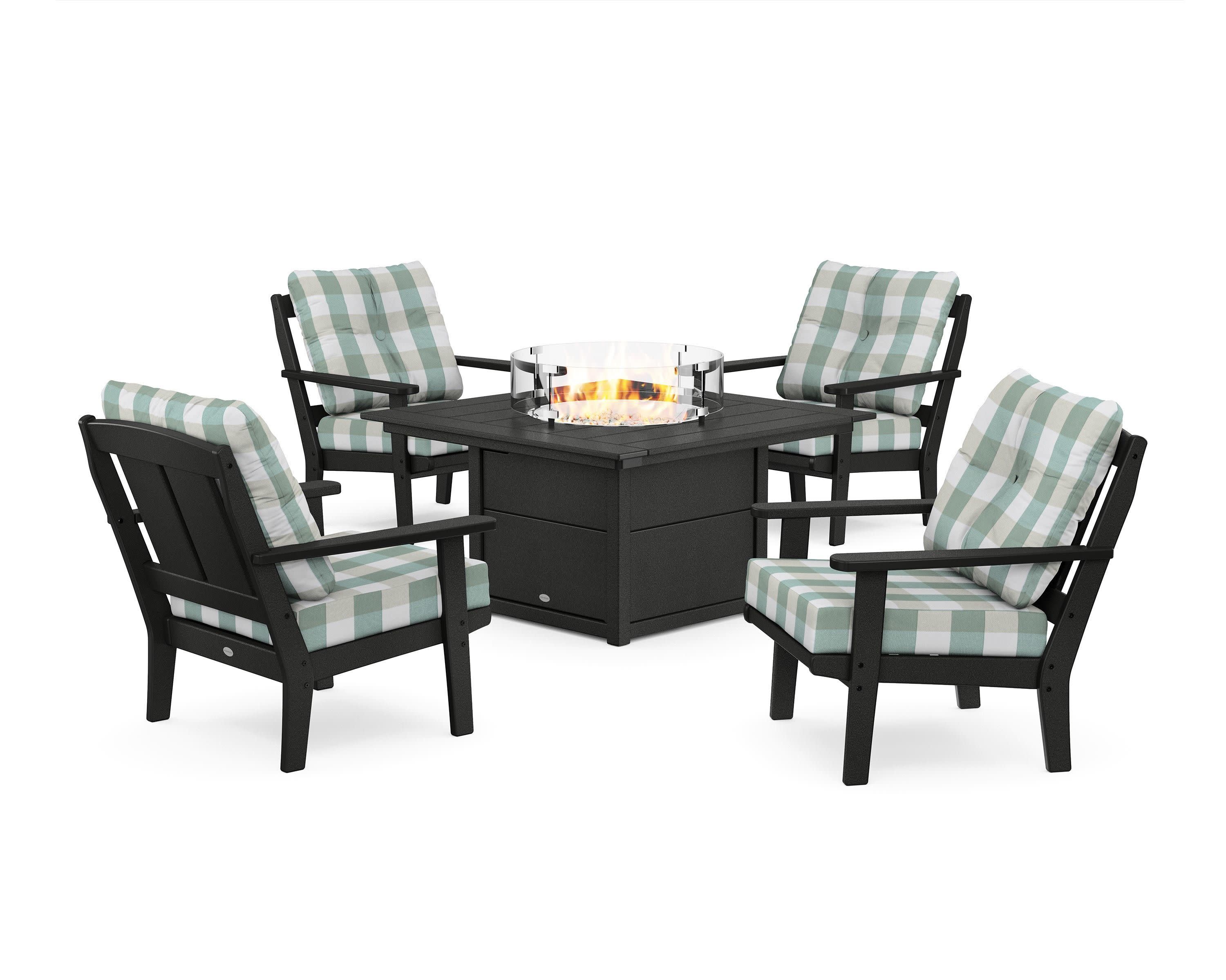 Mission 5-Piece Deep Seating Set with Fire Pit Table in Black / Buffalo Plaid Glacier Spa