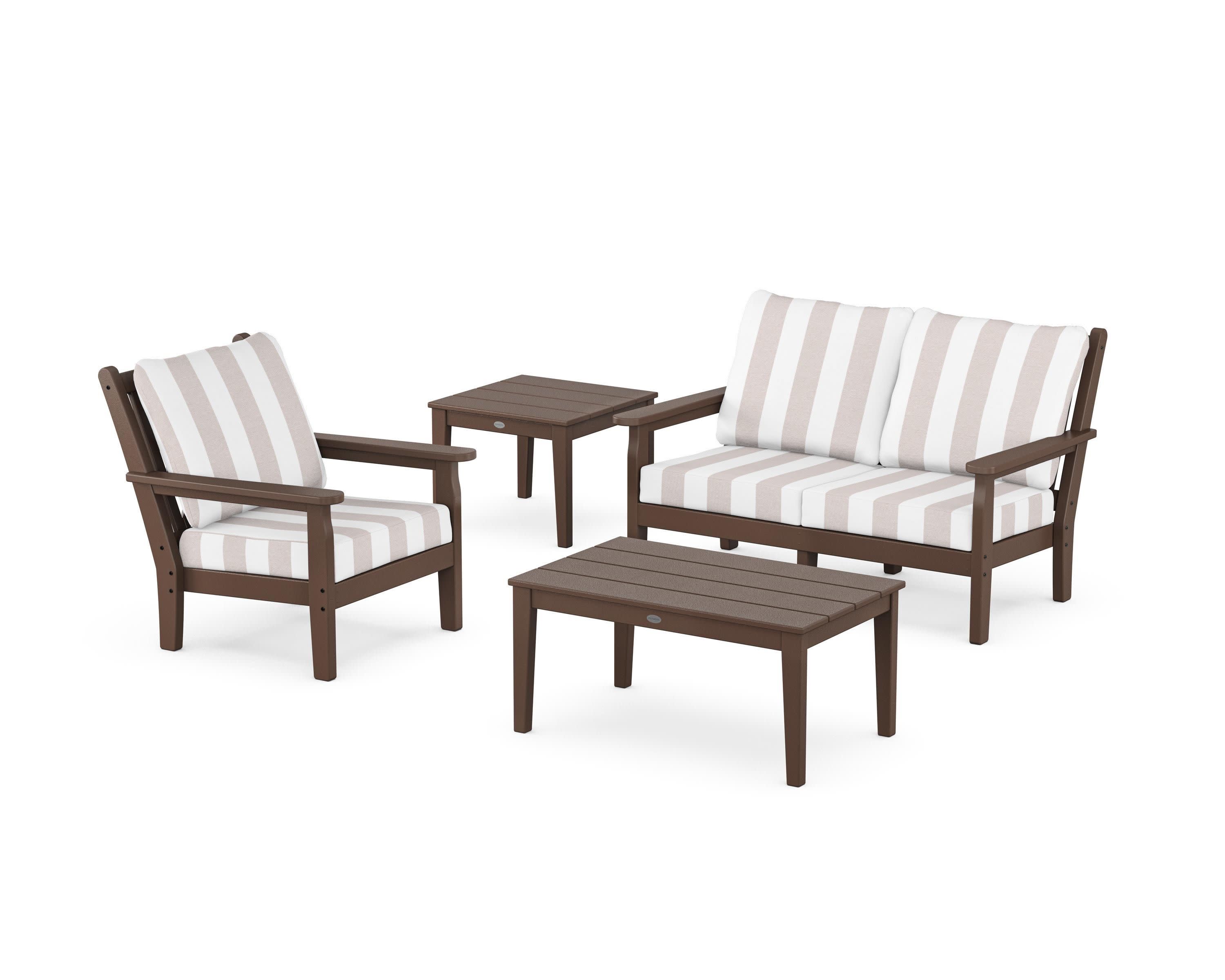 Chippendale 4-Piece Deep Seating Set in Mahogany / Cabana Stripe Dune Burlap