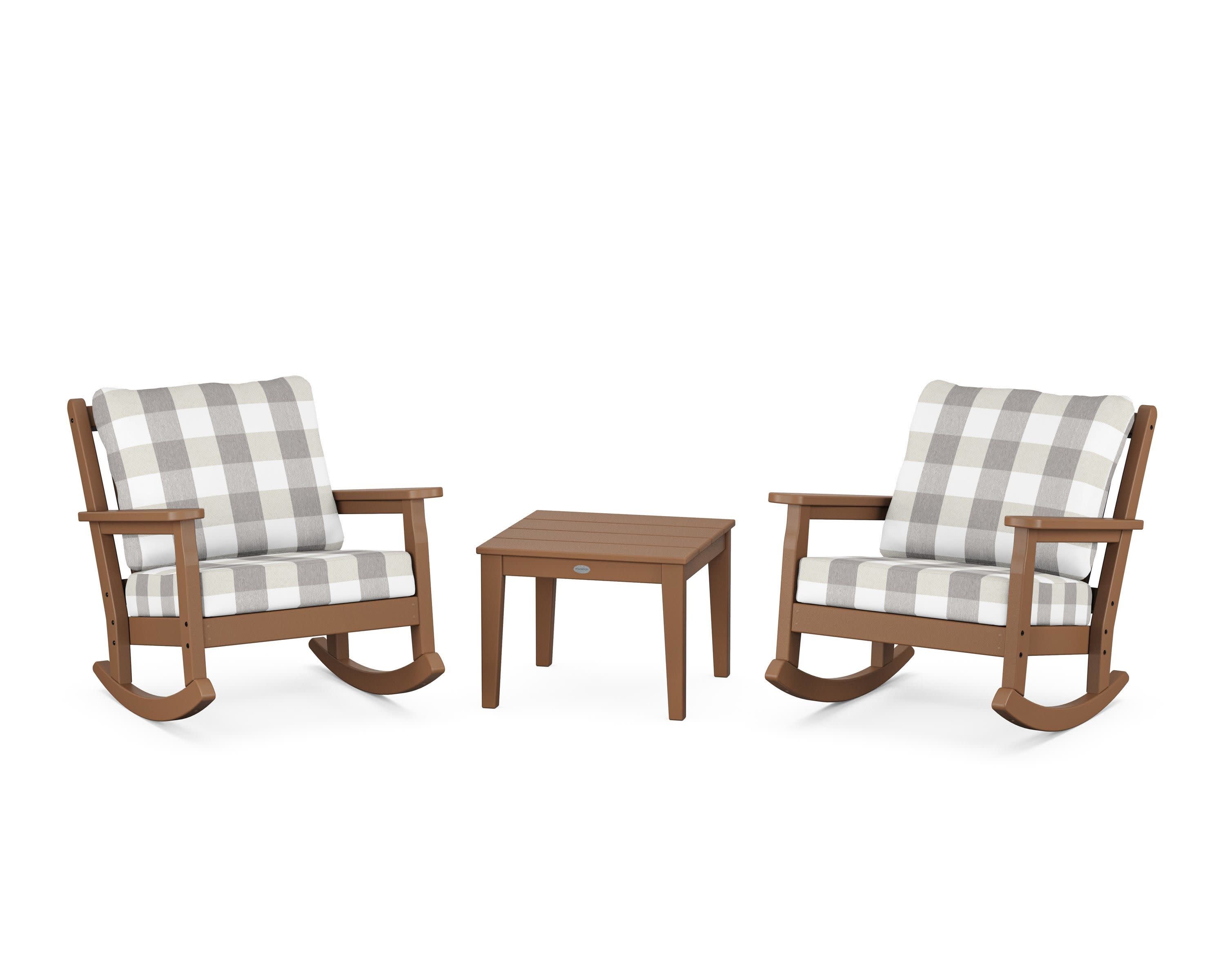 Chippendale 3-Piece Deep Seating Rocker Set in Teak / Buffalo Plaid Grey Mist