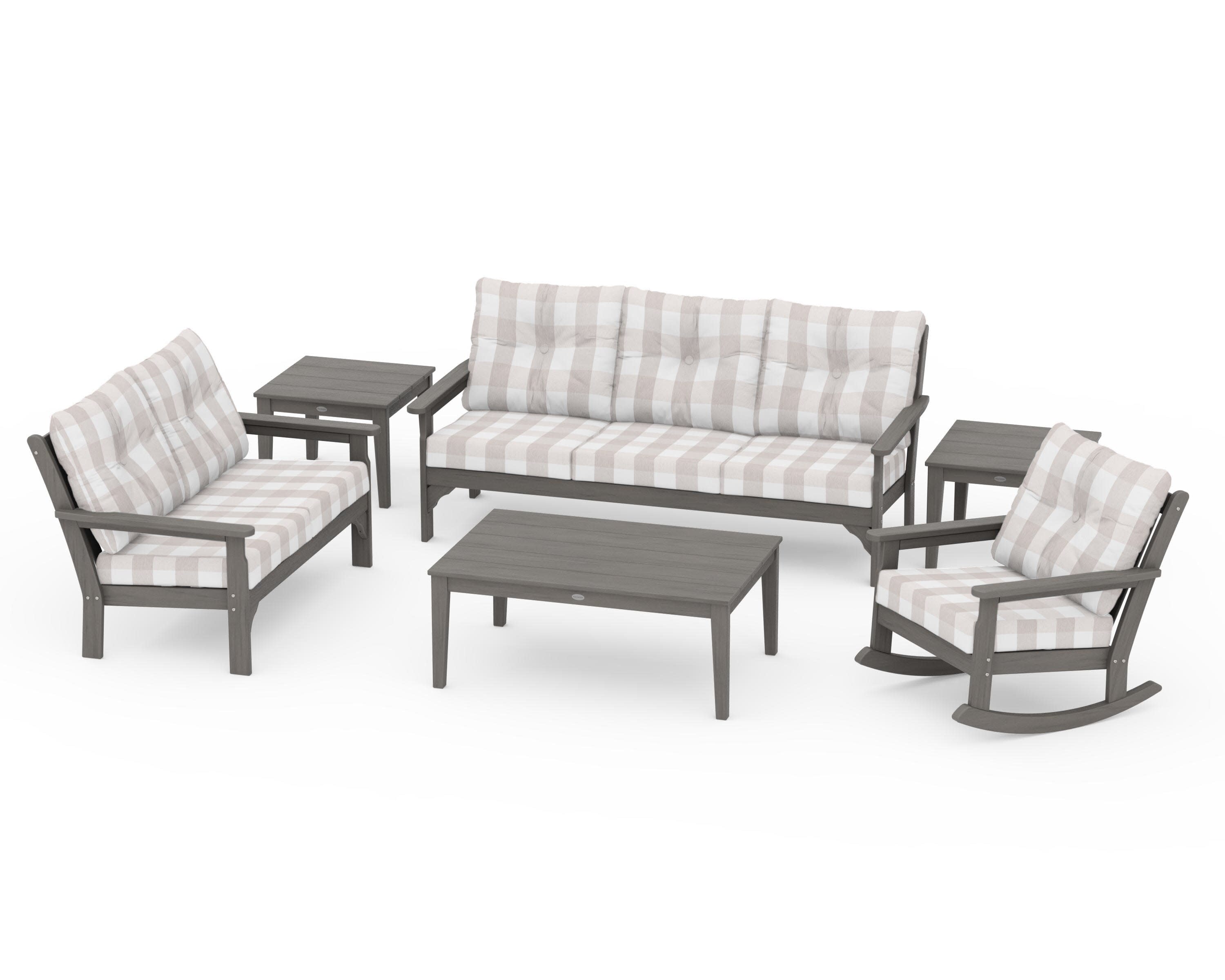 Vineyard 6-Piece Deep Seating Set in Driftwood / Buffalo Plaid Dune Burlap