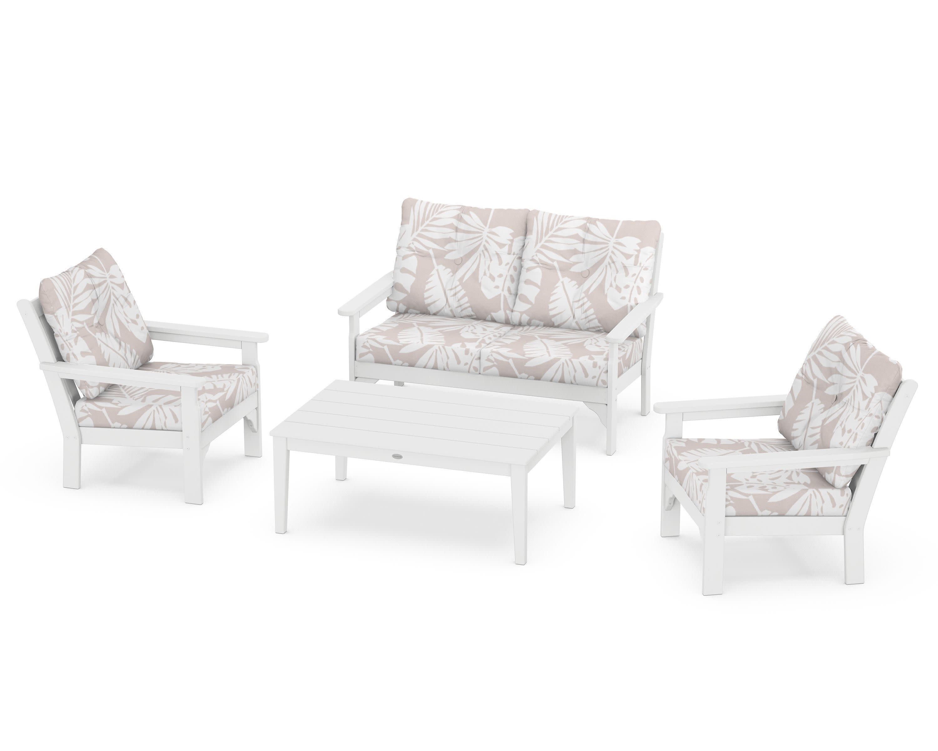 Vineyard 4-Piece Deep Seating Set in White / Leaf Dune Burlap
