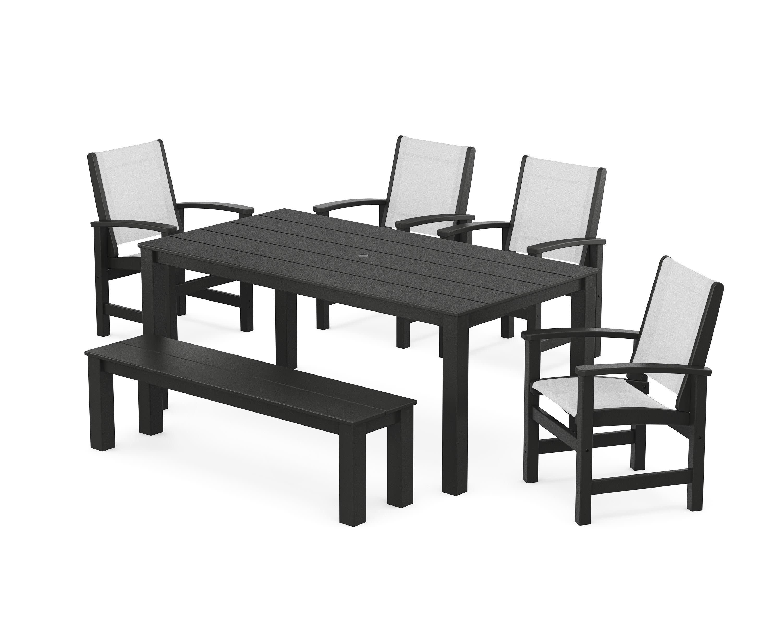 Coastal 6-Piece Parsons Dining Set with Bench in Black / White Sling