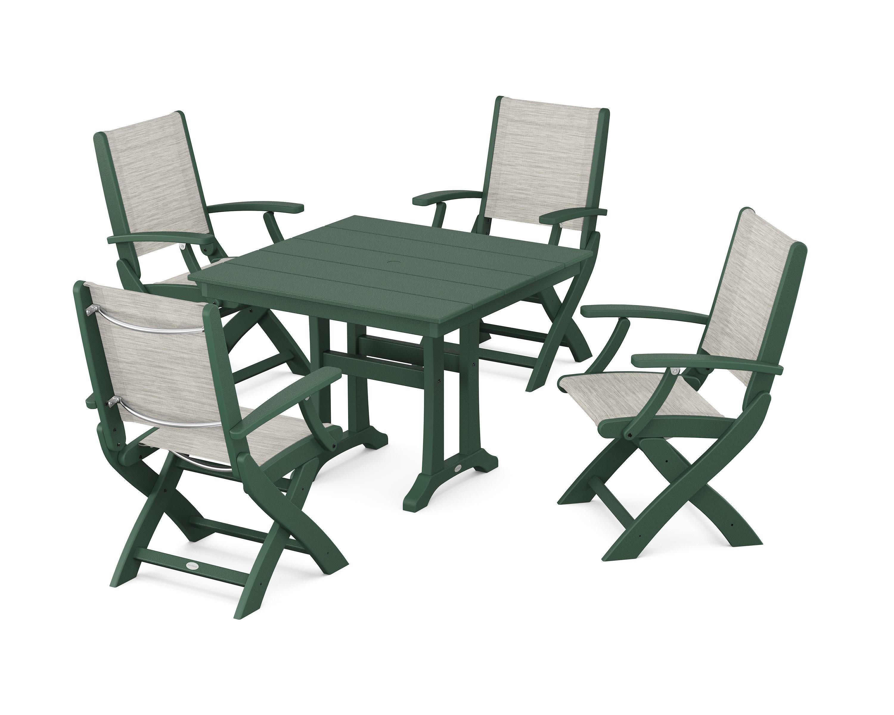 Coastal Folding Chair 5-Piece Farmhouse Dining Set With Trestle Legs in Green / Birch Sling