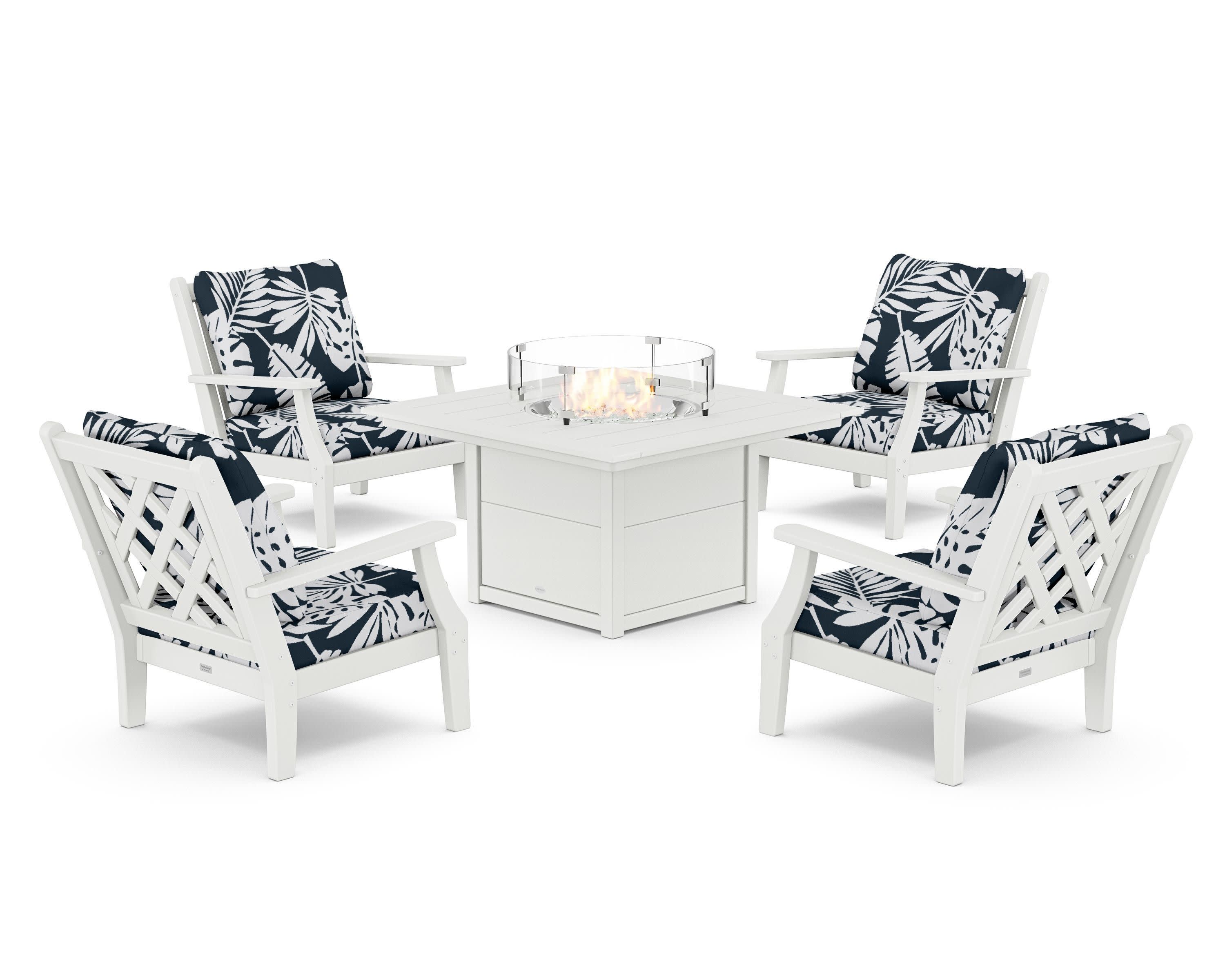 Wovendale 5-Piece Deep Seating Set with Fire Pit Table in White / Leaf Marine Indigo