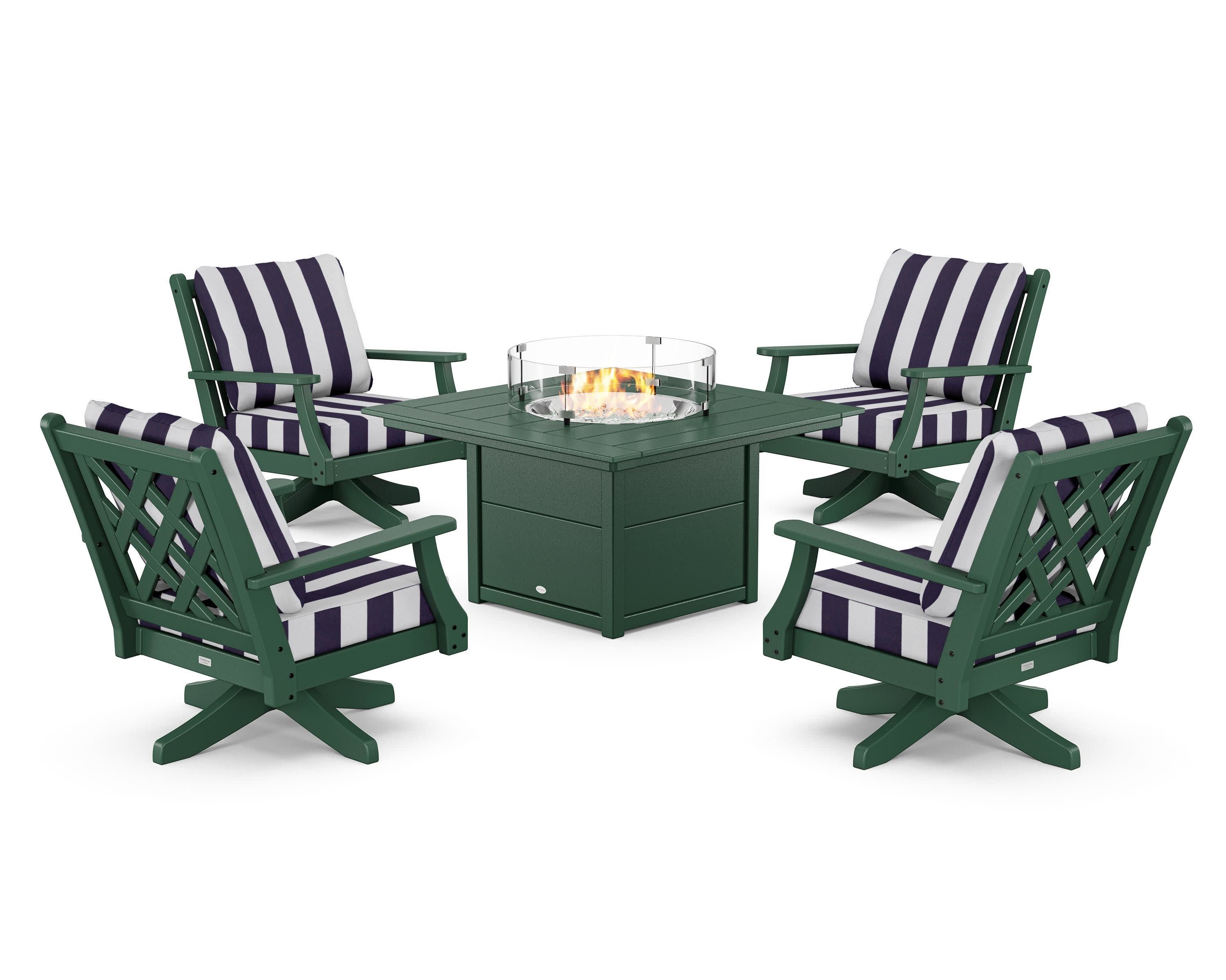Wovendale 5-Piece Deep Seating Swivel Conversation Set with Fire Pit Table in Green / Cabana Stripe Navy