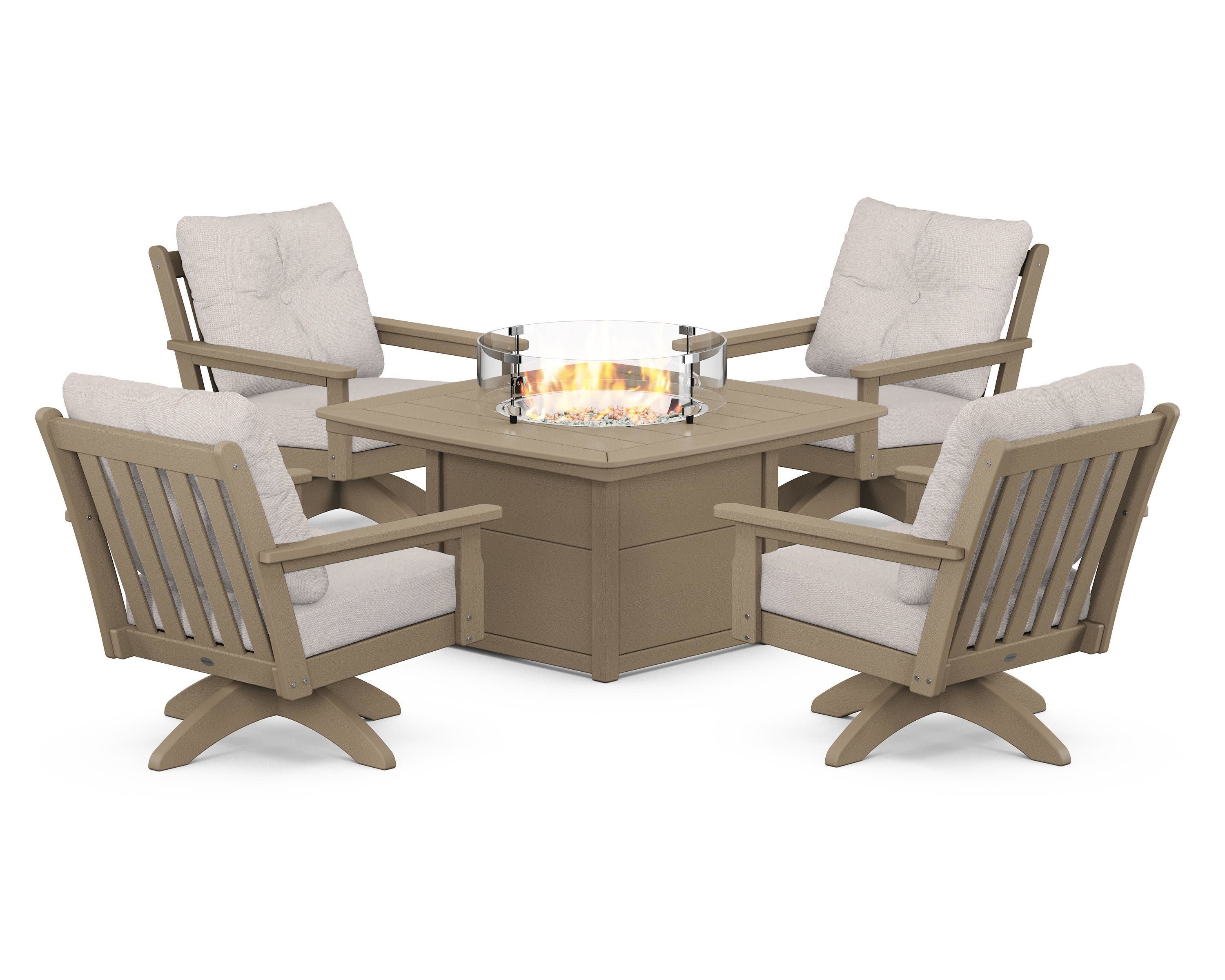 Vineyard 5-Piece Deep Seating Swivel Conversation Set with Fire Pit Table in Vintage Sahara / Dune Burlap