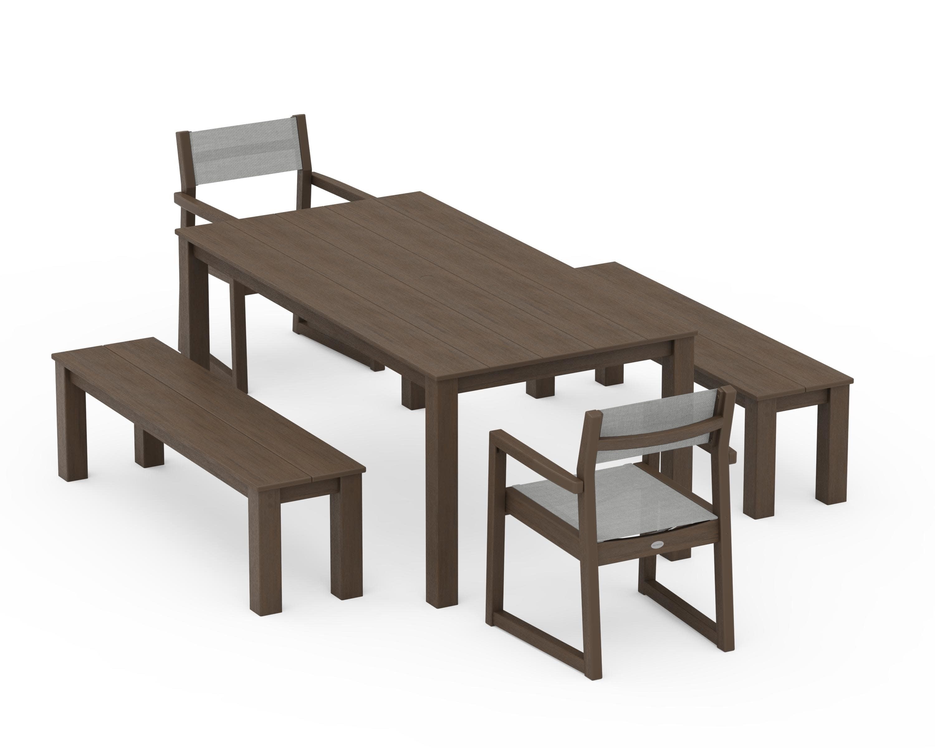 EDGE Sling Arm Chair 5-Piece Parsons Dining Set with Benches in Kona / Metallic Sling