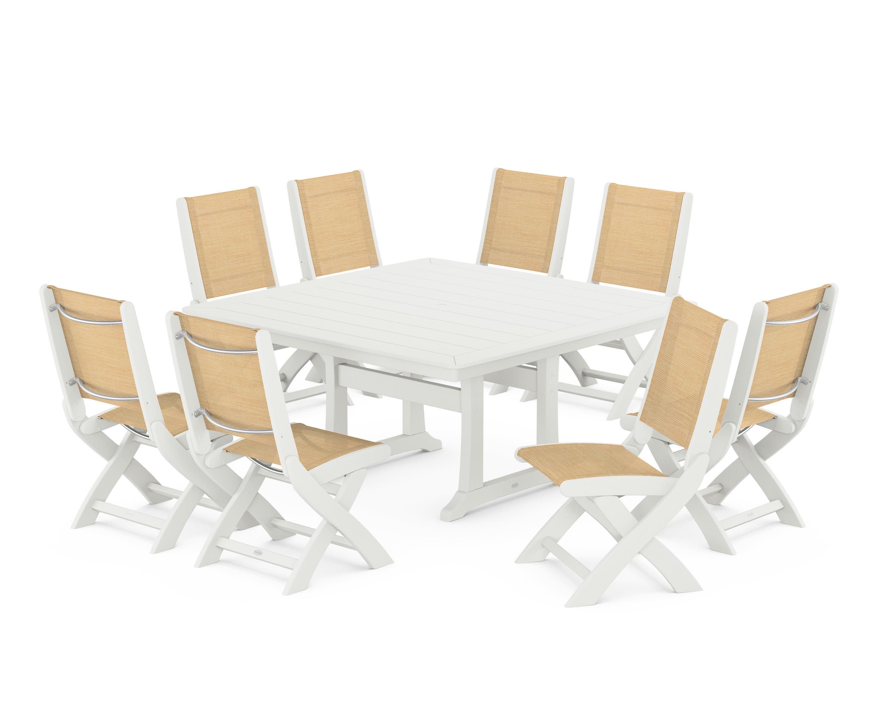 Coastal Folding Side Chair 9-Piece Dining Set with Trestle Legs in Vintage White / Dupioni Apricot Sling