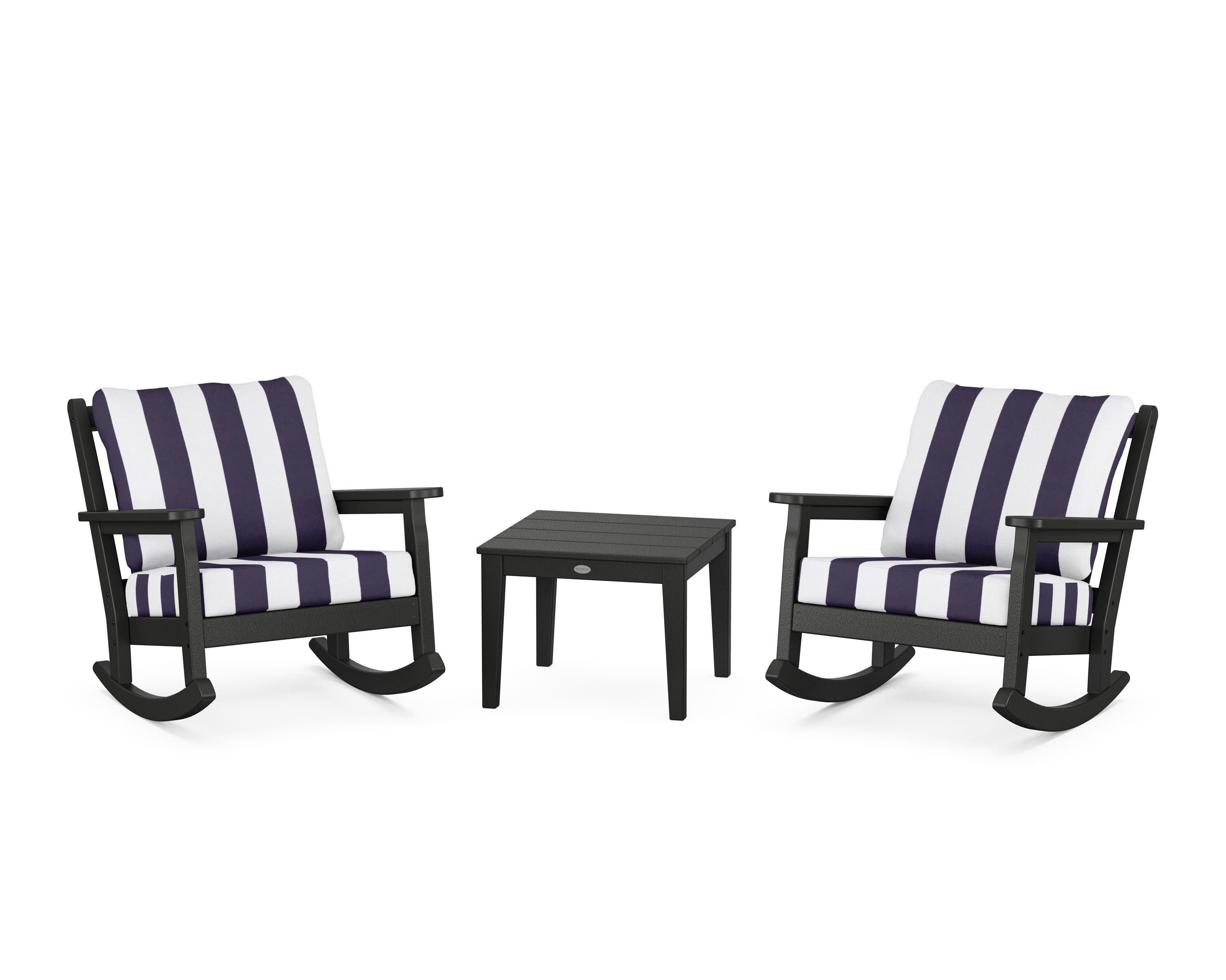Chippendale 3-Piece Deep Seating Rocker Set in Black / Cabana Stripe Navy