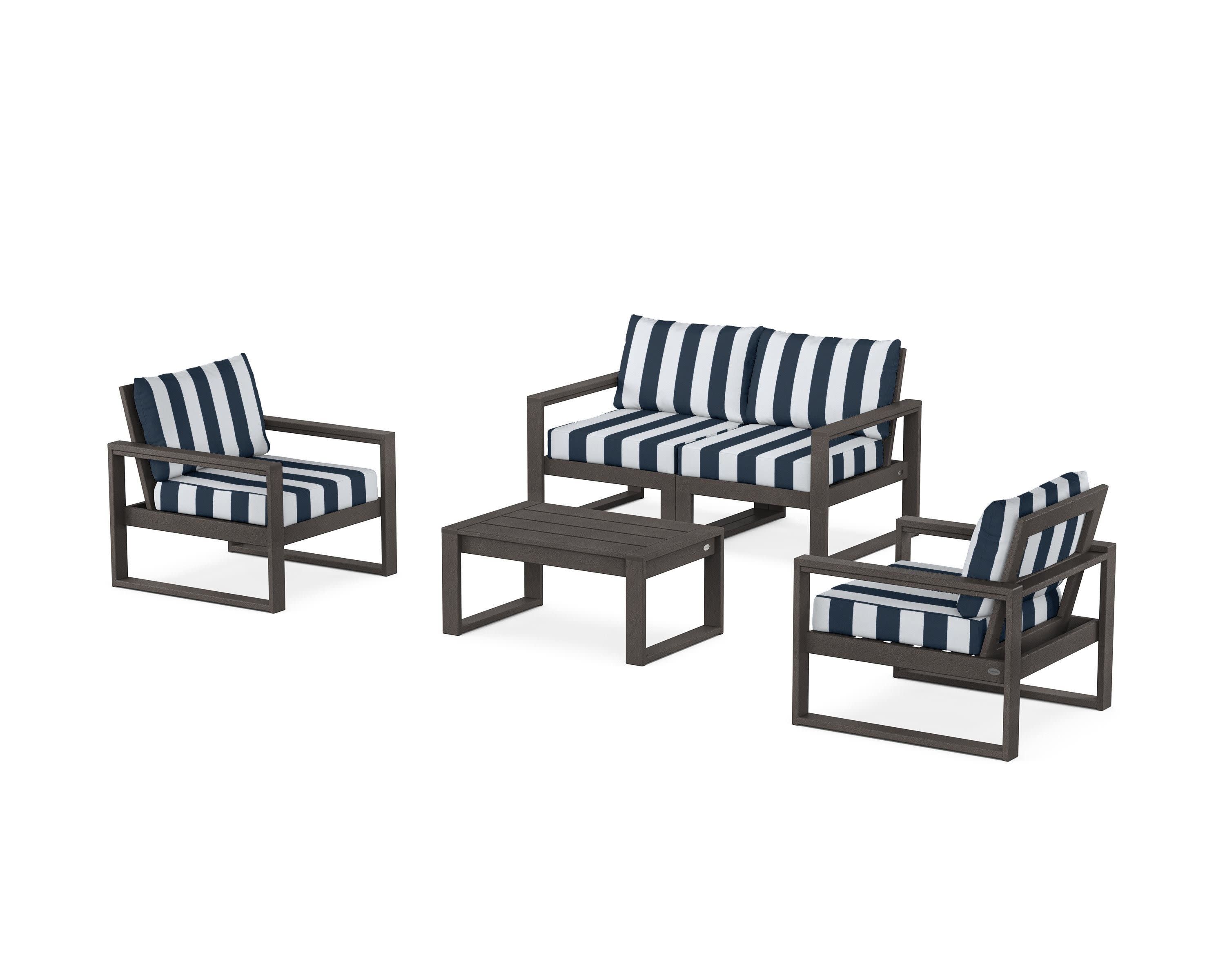 EDGE Sectional 4-Piece Deep Seating Set with Loveseat in Vintage Coffee / Cabana Stripe Marine Indigo