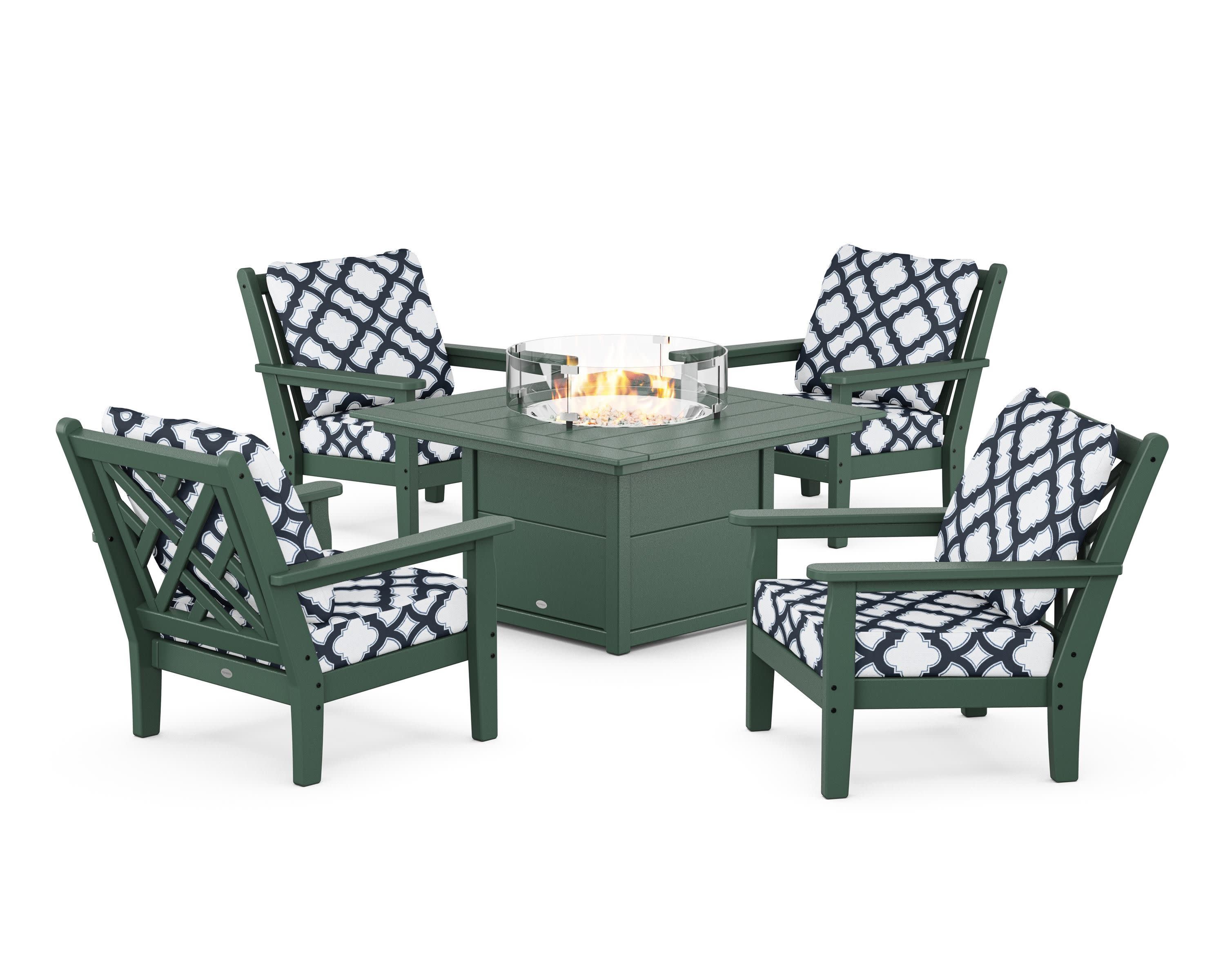 Chippendale 5-Piece Deep Seating Set with Fire Pit Table in Green / Trellis Marine Indigo