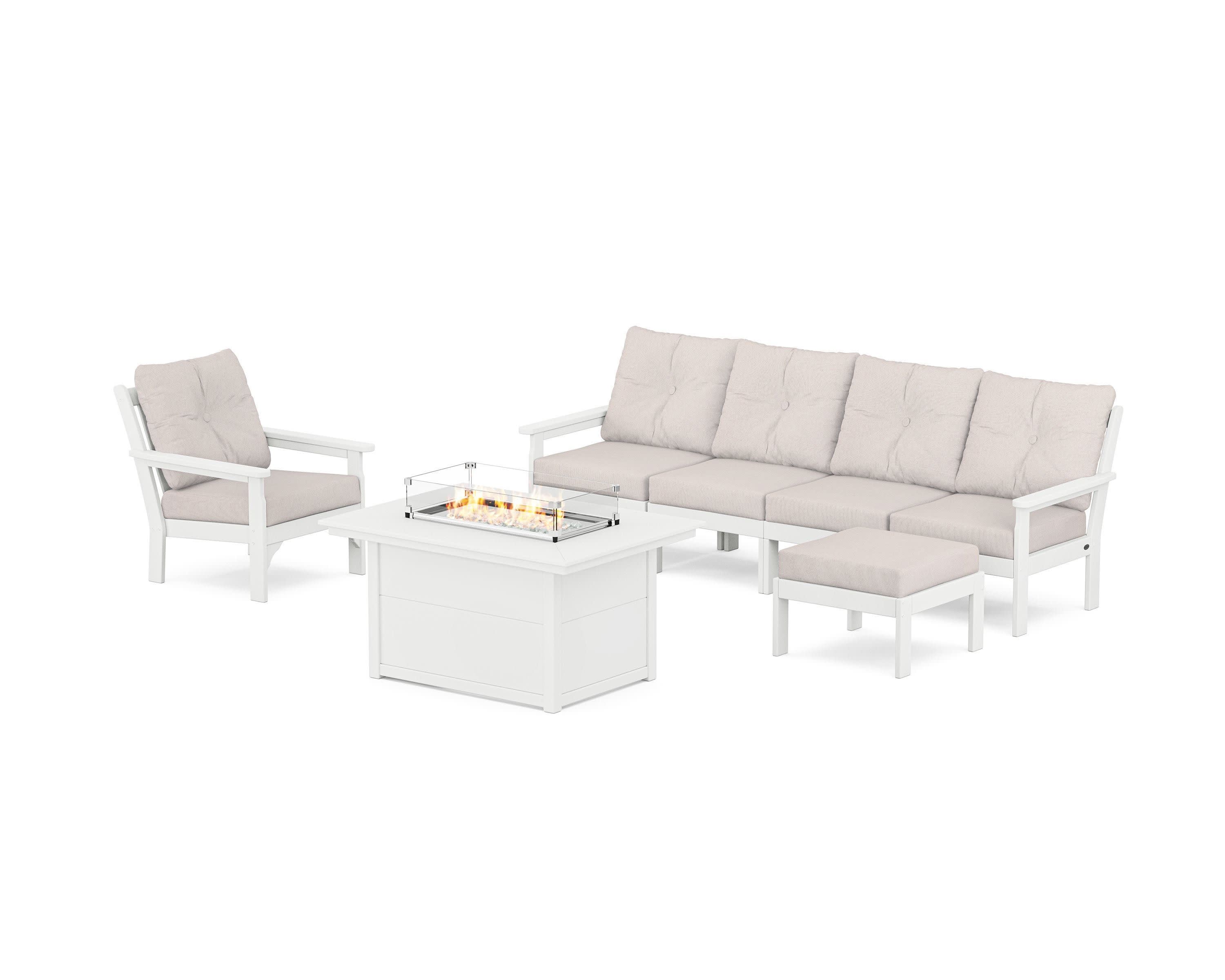 Vineyard Sectional Lounge and Fire Pit Set in White / Dune Burlap