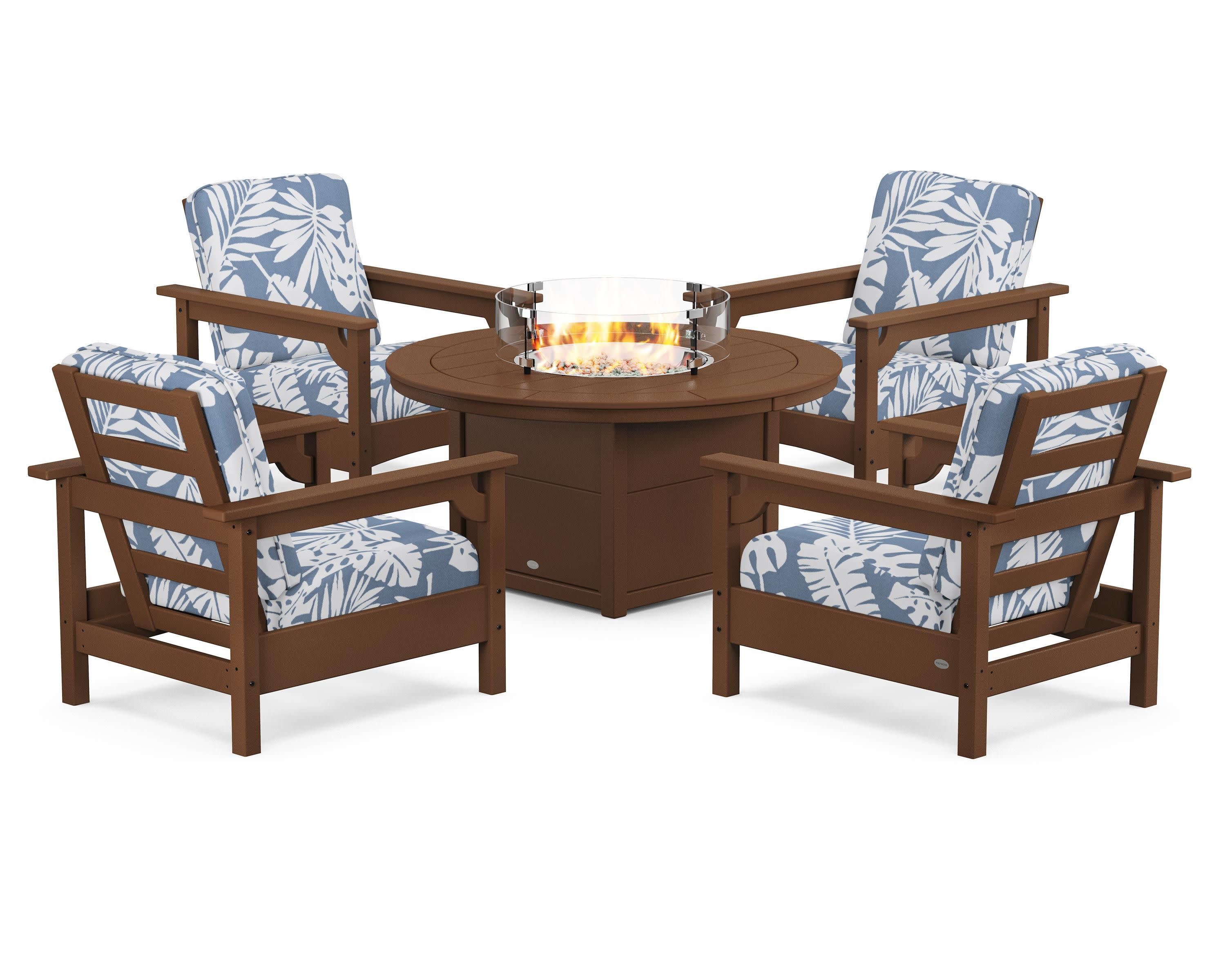 Club 5-Piece Conversation Set with Fire Pit Table in Teak / Leaf Sky Blue