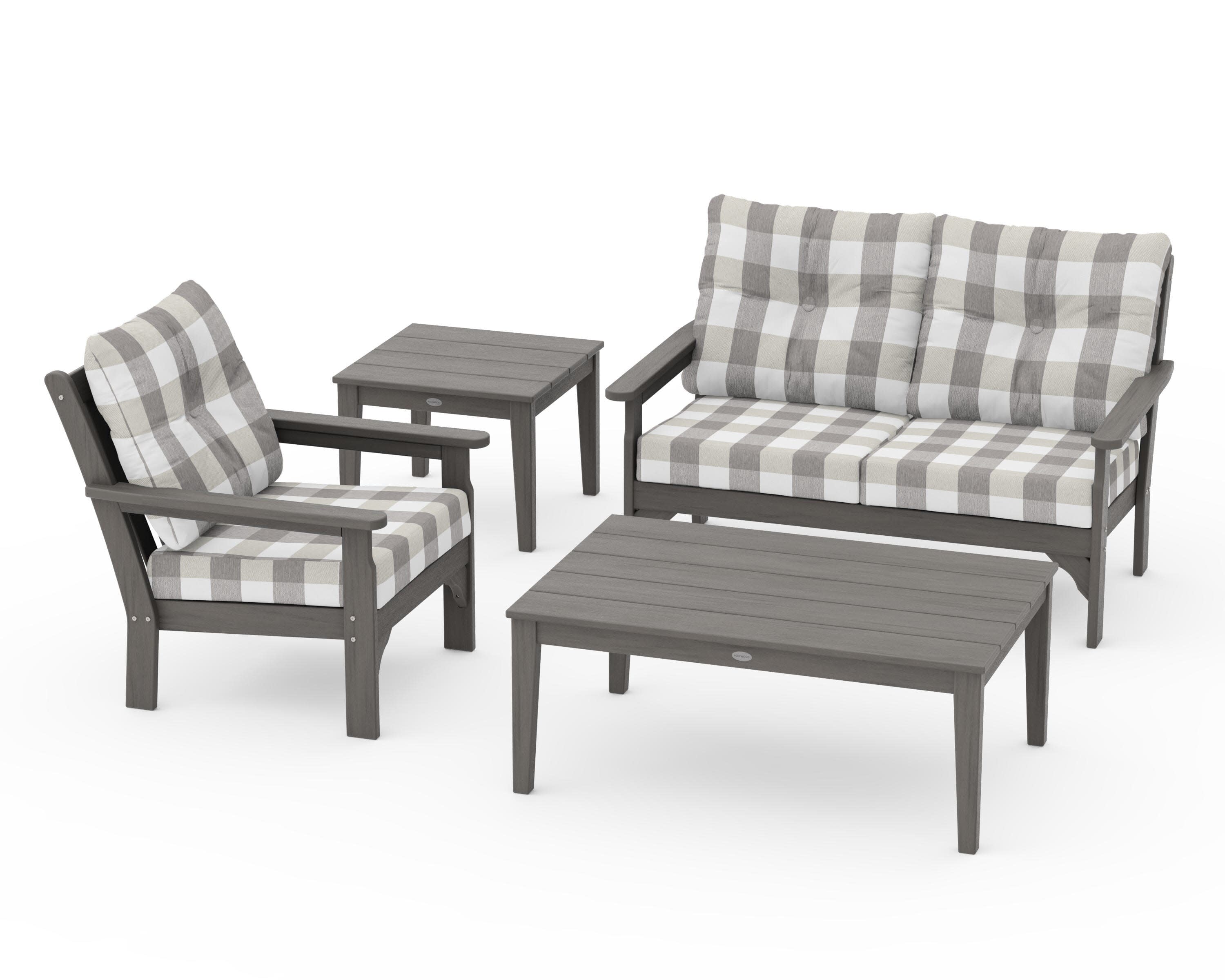 Vineyard 4-Piece Deep Seating Set in Driftwood / Buffalo Plaid Grey Mist