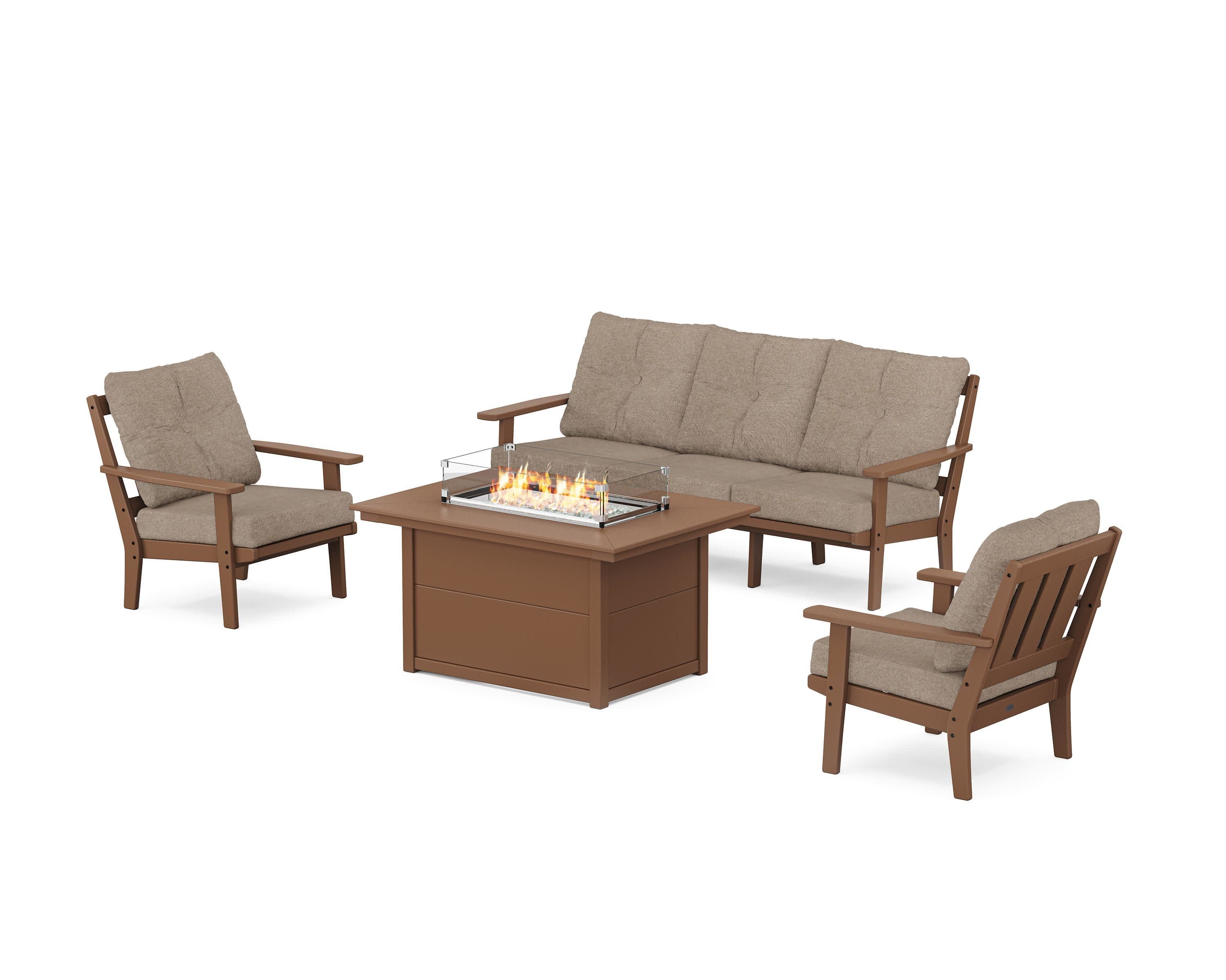 Oxford Deep Seating Fire Pit Table Set in Teak / Spiced Burlap
