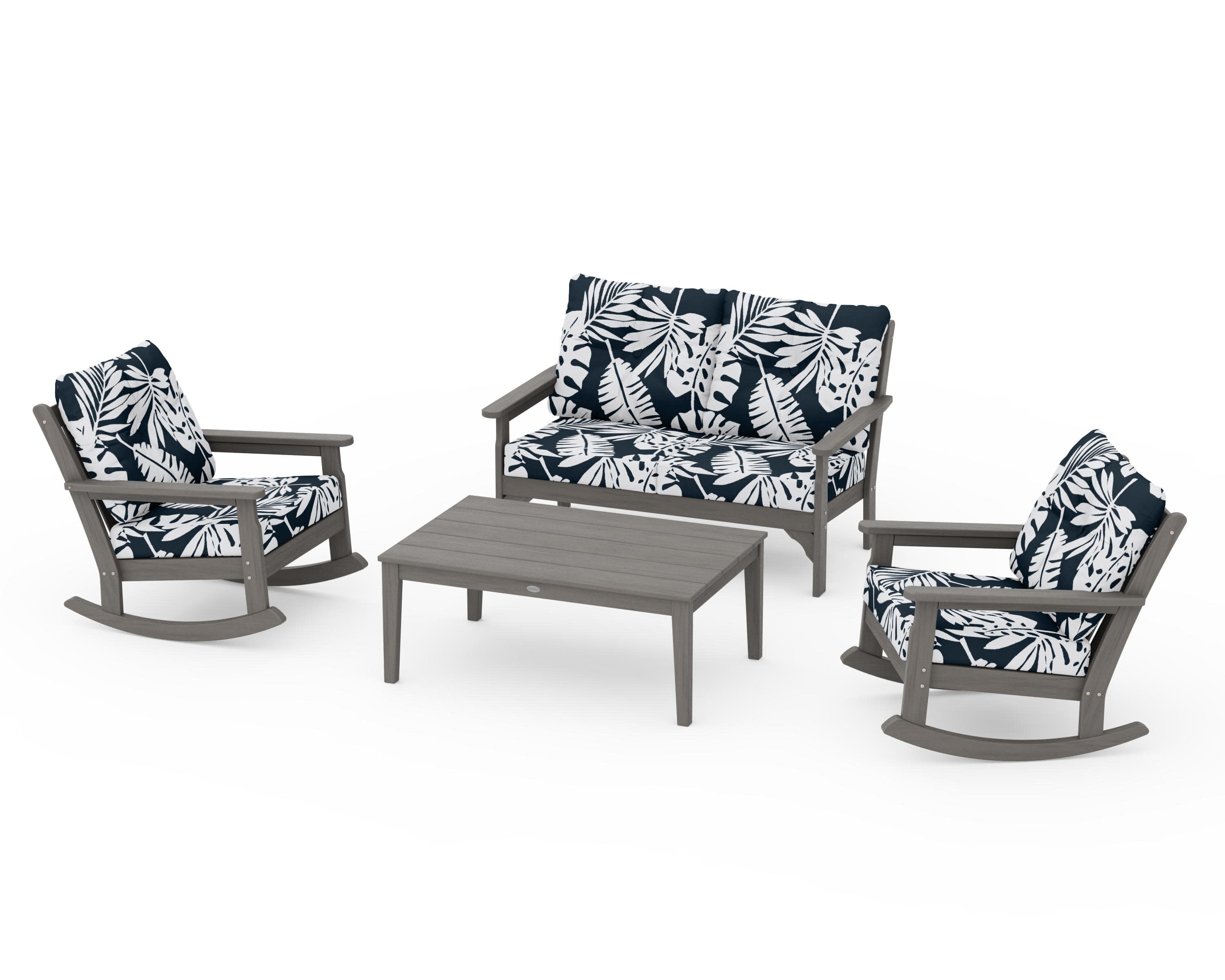 Vineyard 4-Piece Deep Seating Rocking Chair Set in Driftwood / Leaf Marine Indigo