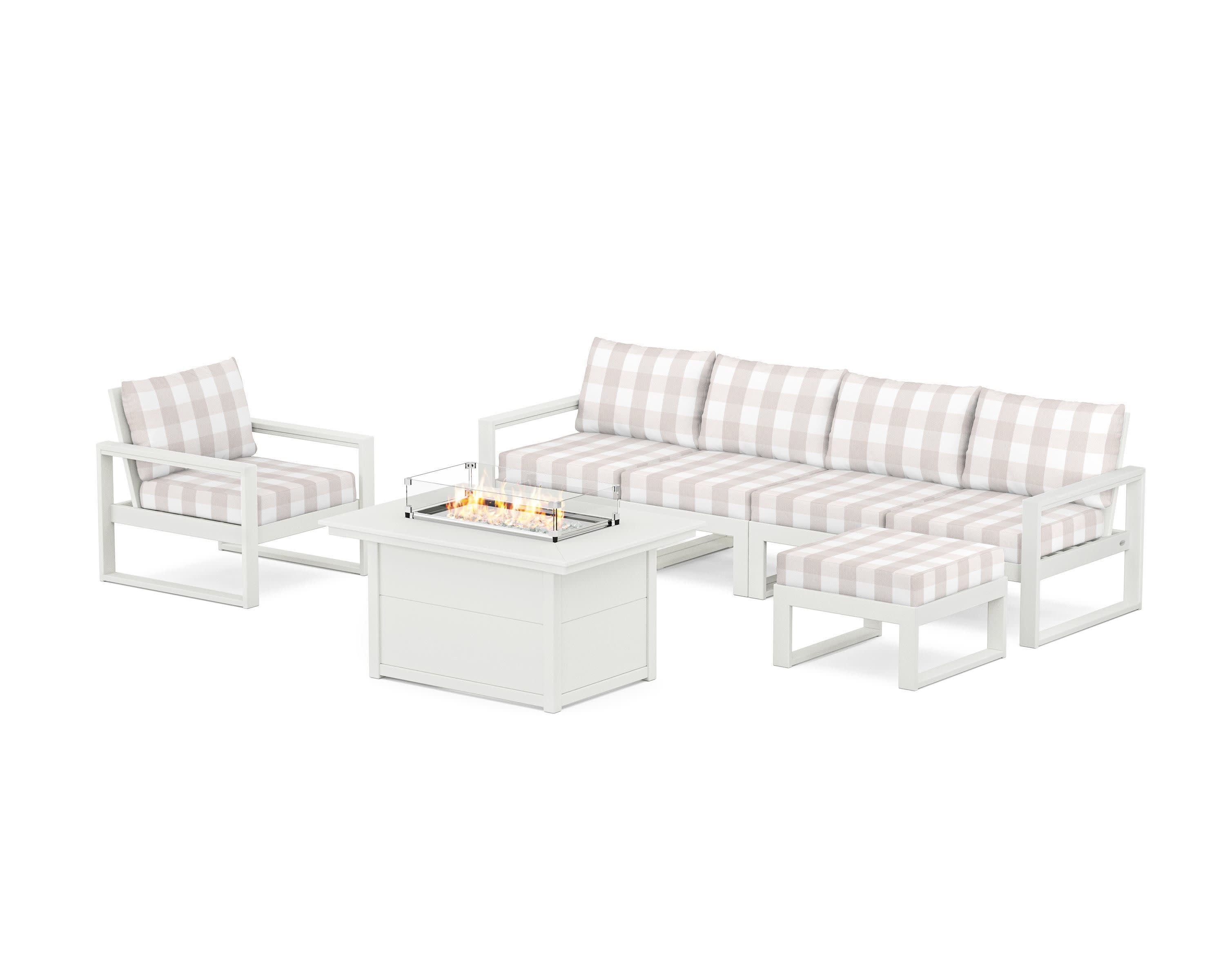EDGE Sectional Lounge and Fire Pit Set in Vintage White / Buffalo Plaid Dune Burlap