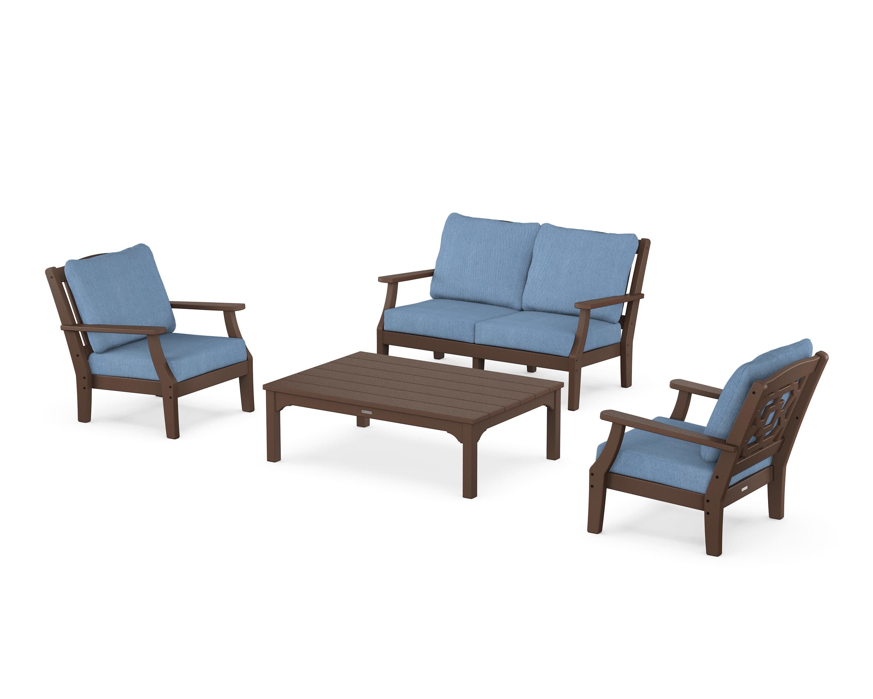 Chinoiserie 4-Piece Deep Seating Set with Loveseat in Mahogany / Sky Blue