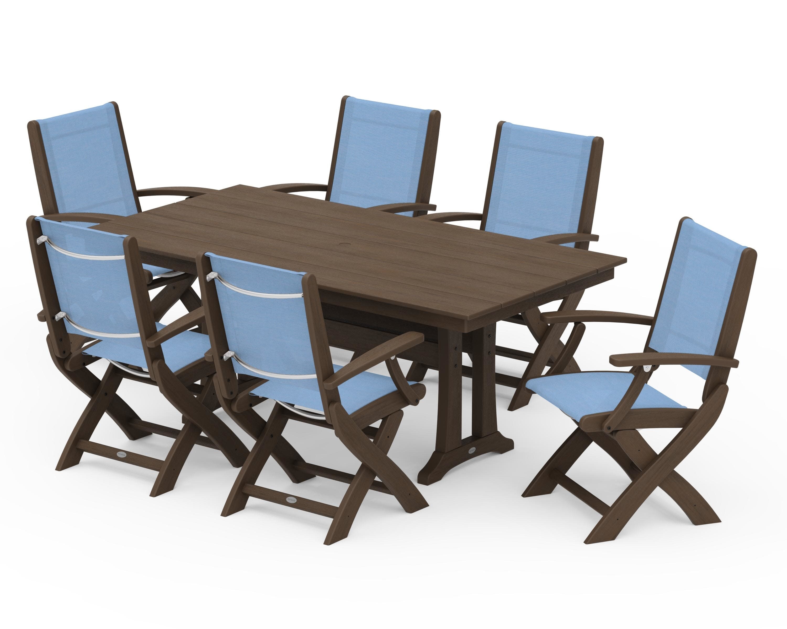 Coastal Folding Arm Chair 7-Piece Farmhouse Dining Set with Trestle Legs in Kona / Poolside Sling