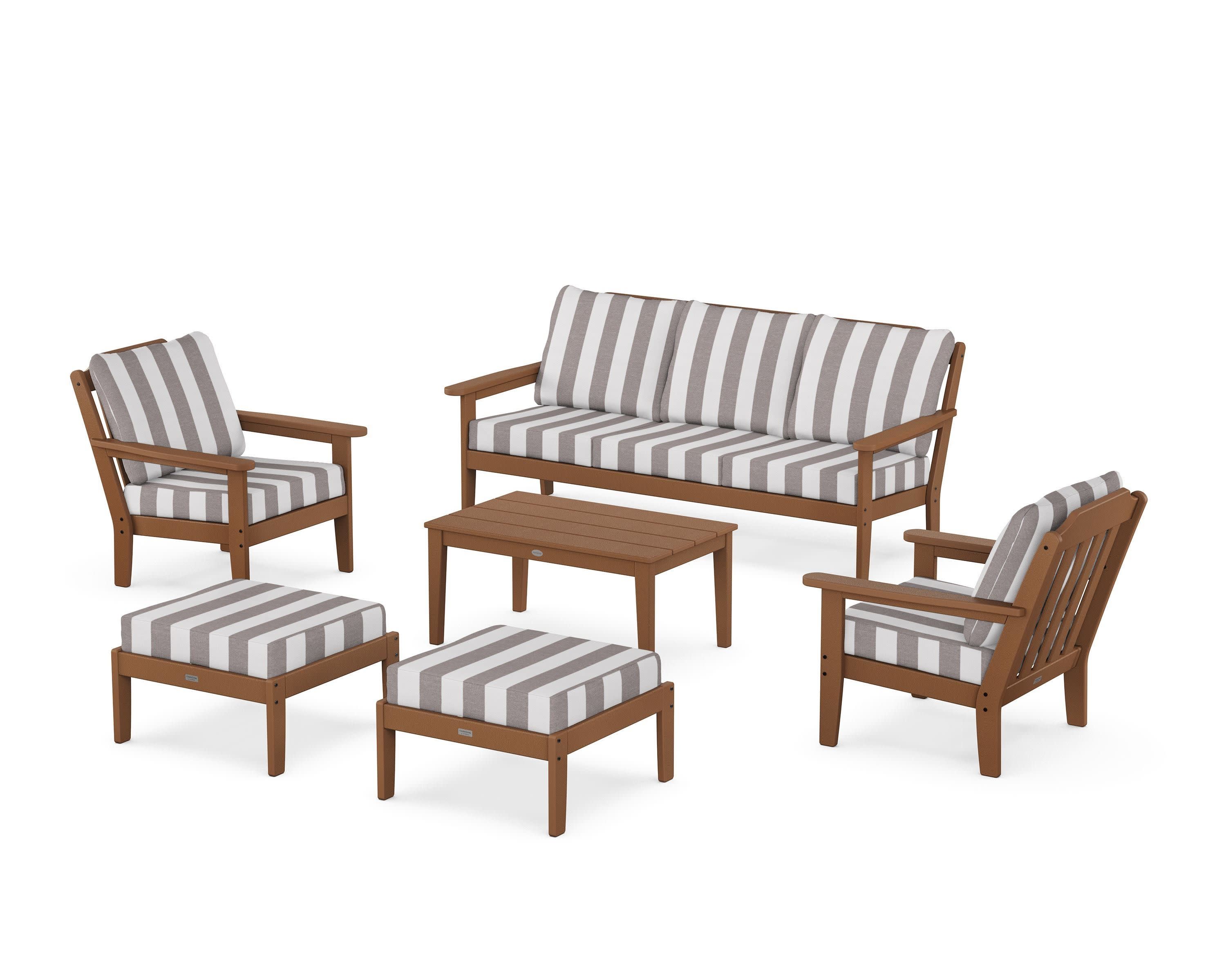 Cottage 6-Piece Lounge Sofa Set in Teak / Cabana Stripe Grey Mist