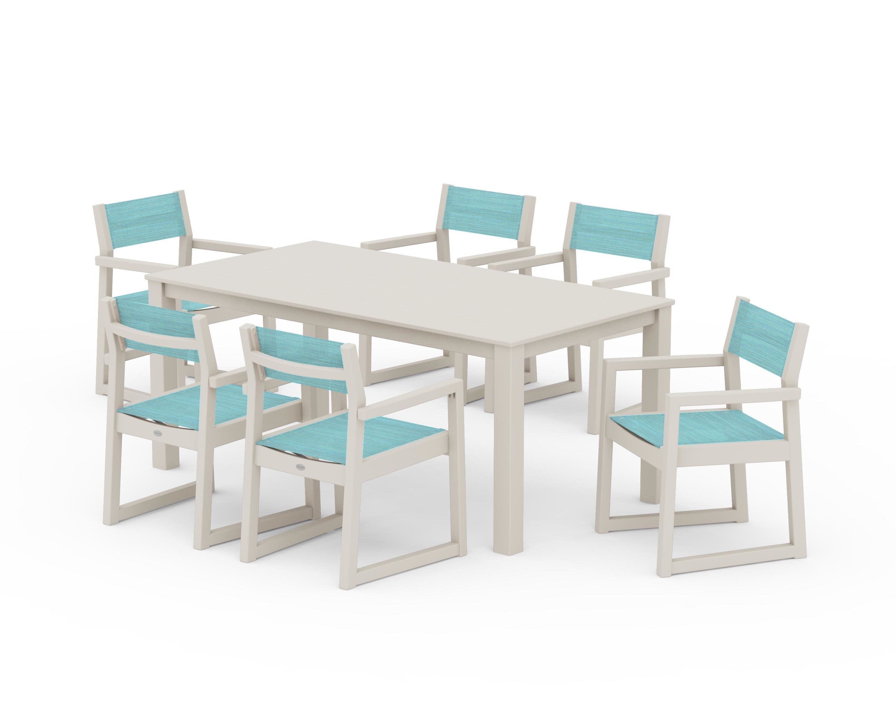 EDGE Sling Arm Chair 7-Piece Parsons Dining Set in Sand / Dupioni Aquamarine Sling