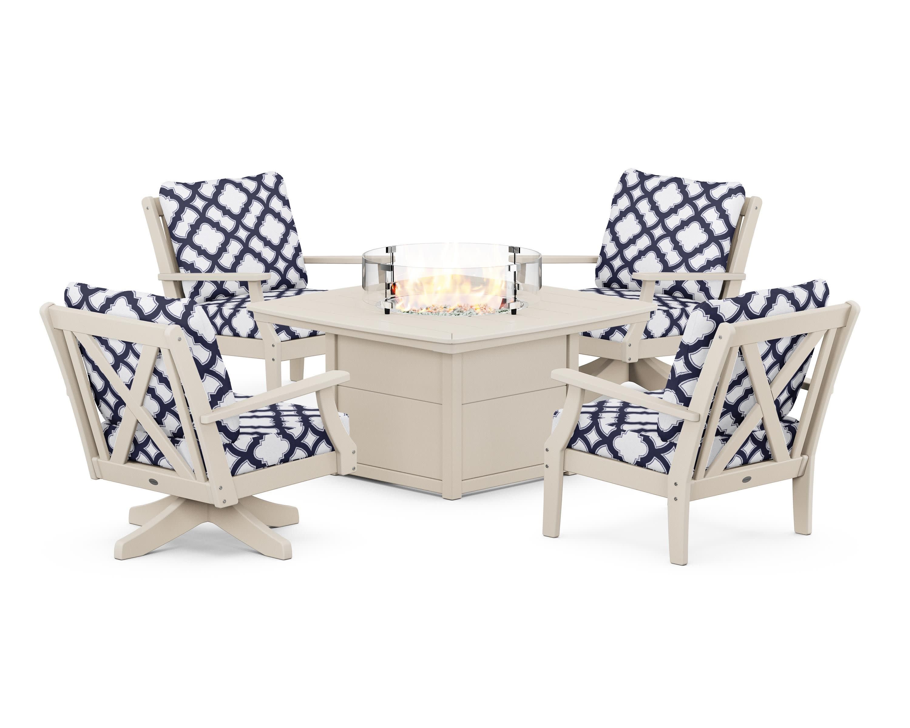 Braxton 5-Piece Deep Seating Set with Fire Table in Sand / Trellis Navy