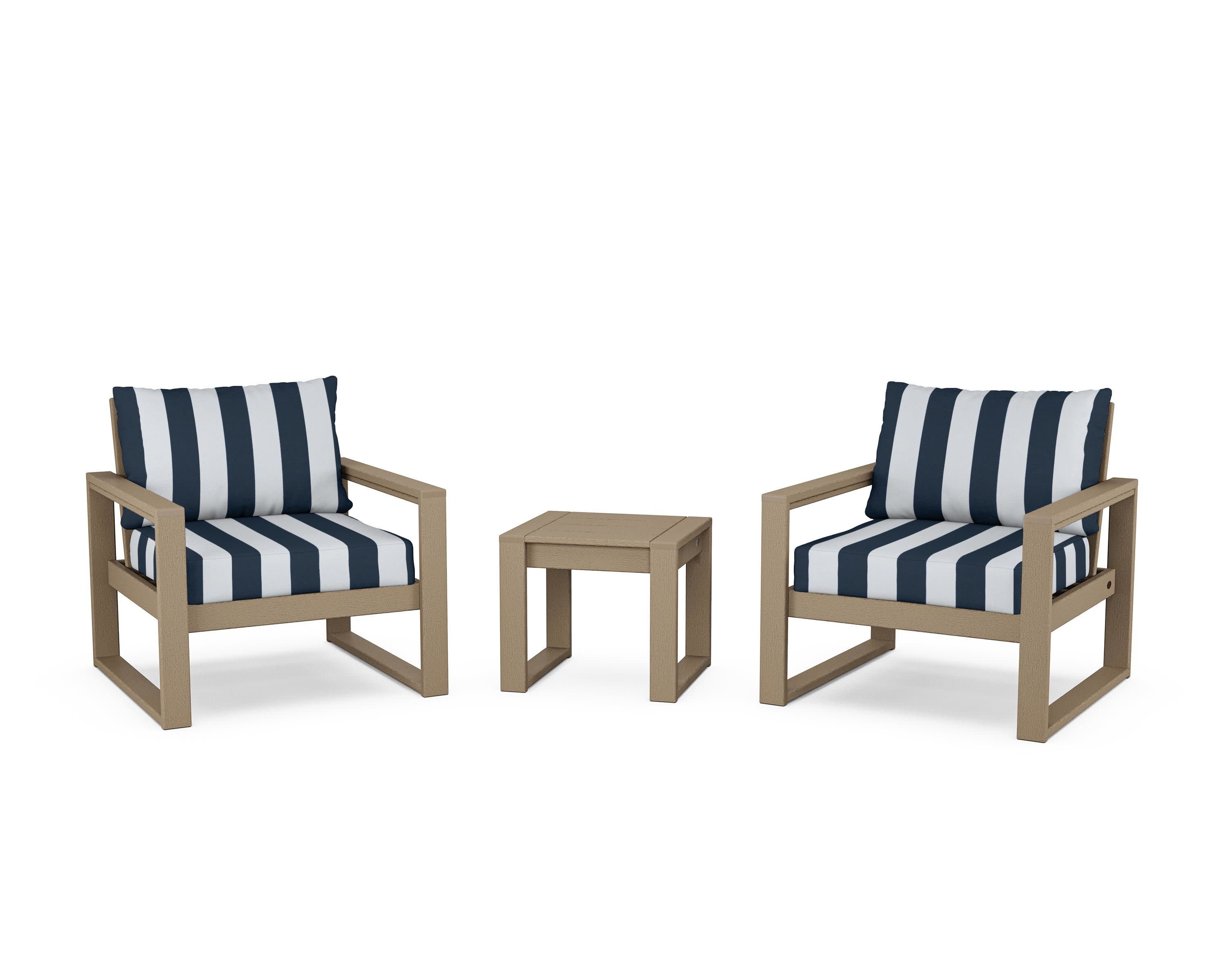 EDGE Sectional 3-Piece Deep Seating Set in Vintage Sahara / Cabana Stripe Marine Indigo