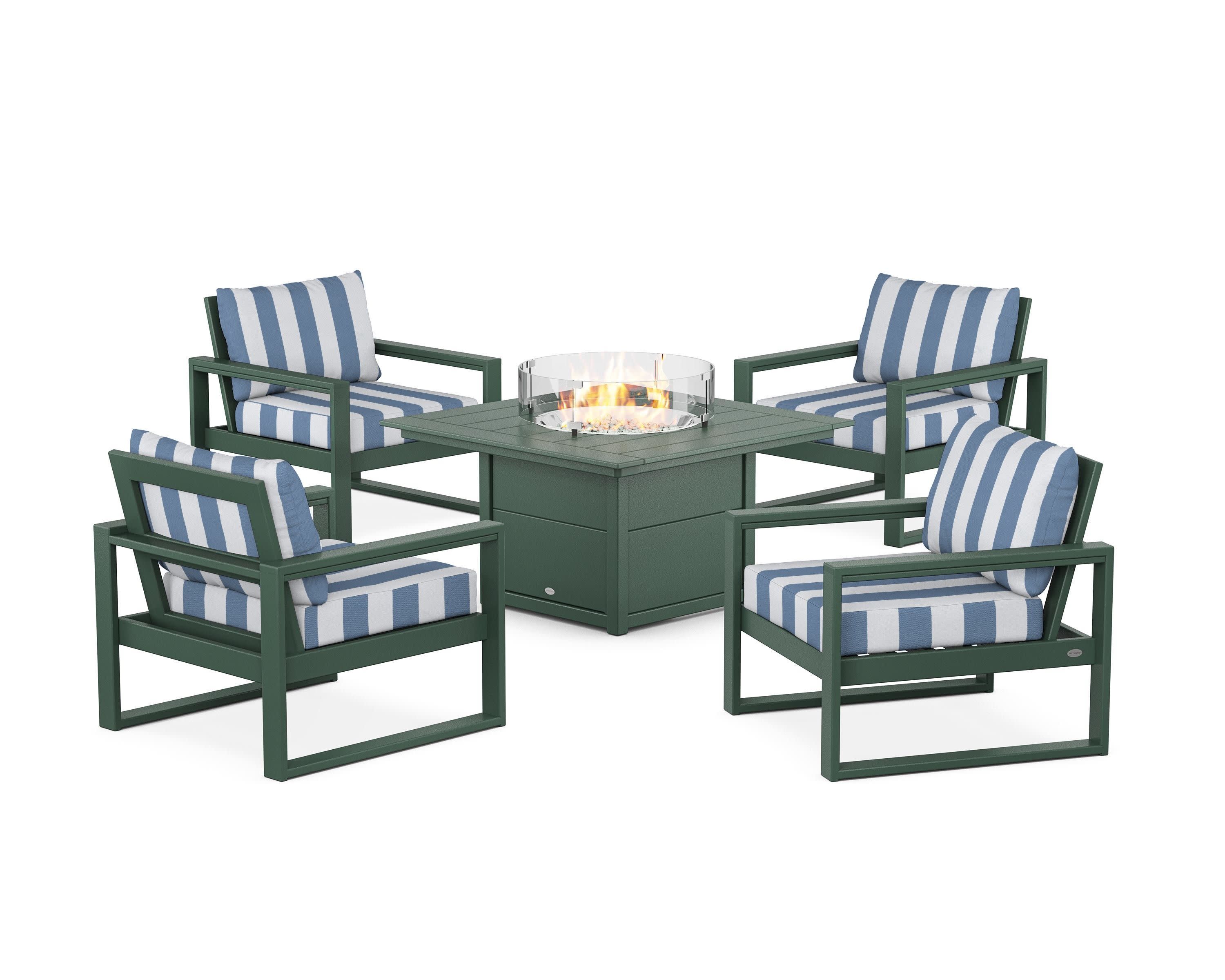 EDGE Sectional 5-Piece Deep Seating Set with Fire Pit Table in Green / Cabana Stripe Sky Blue