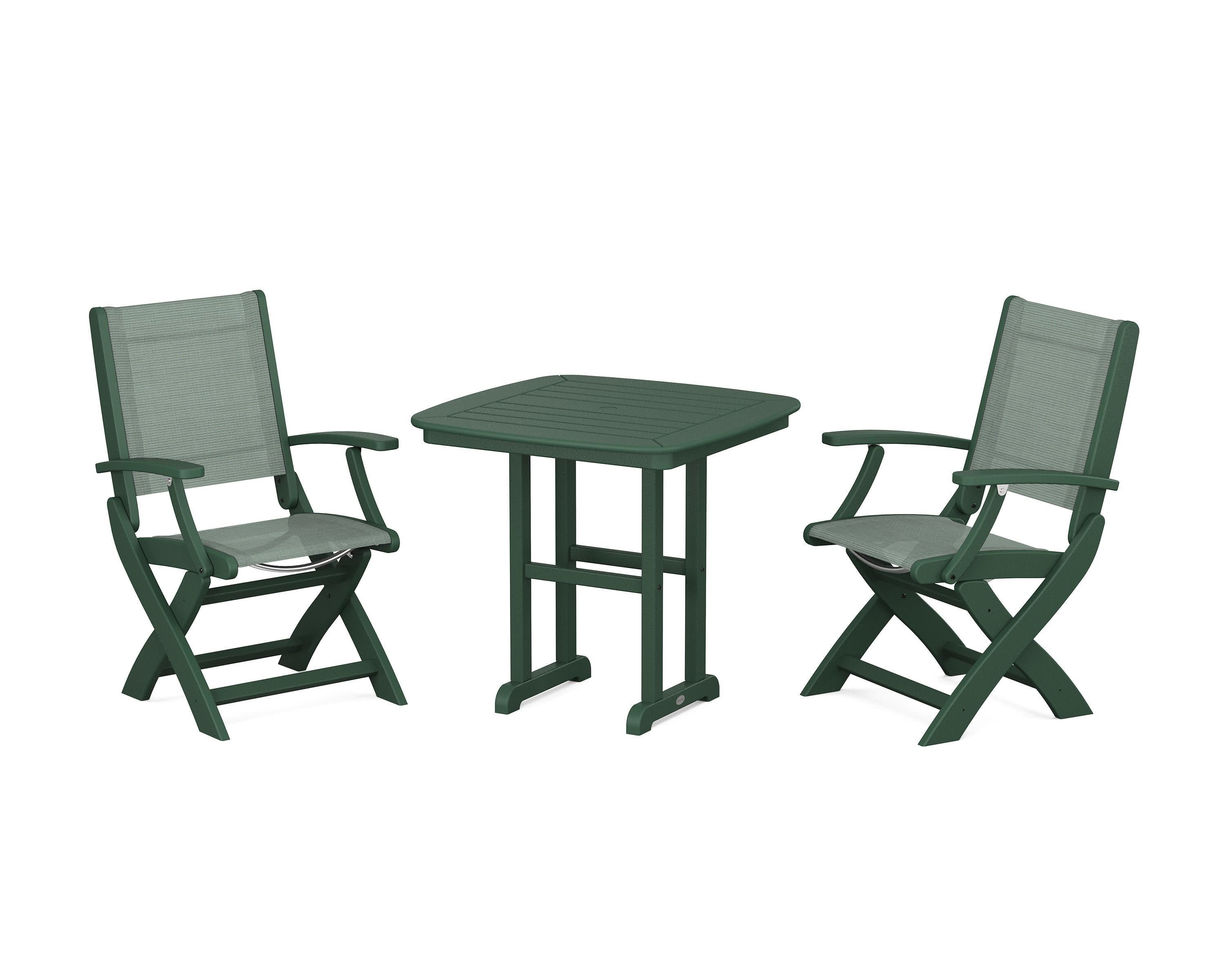 Coastal Folding Chair 3-Piece Dining Set in Green / Dupioni Sea Mist Sling
