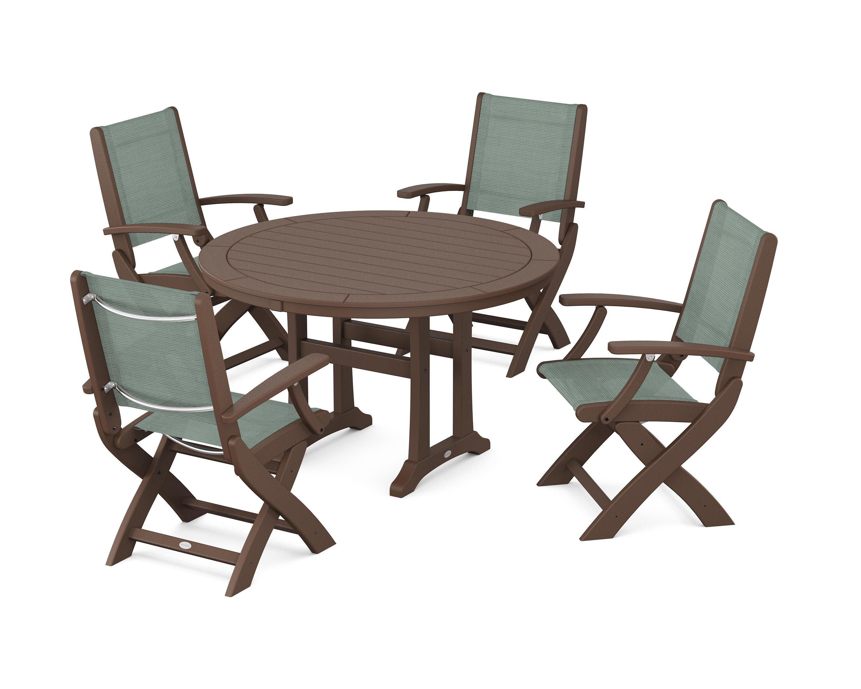 Coastal Folding Chair 5-Piece Round Dining Set with Trestle Legs in Mahogany / Dupioni Sea Mist Sling