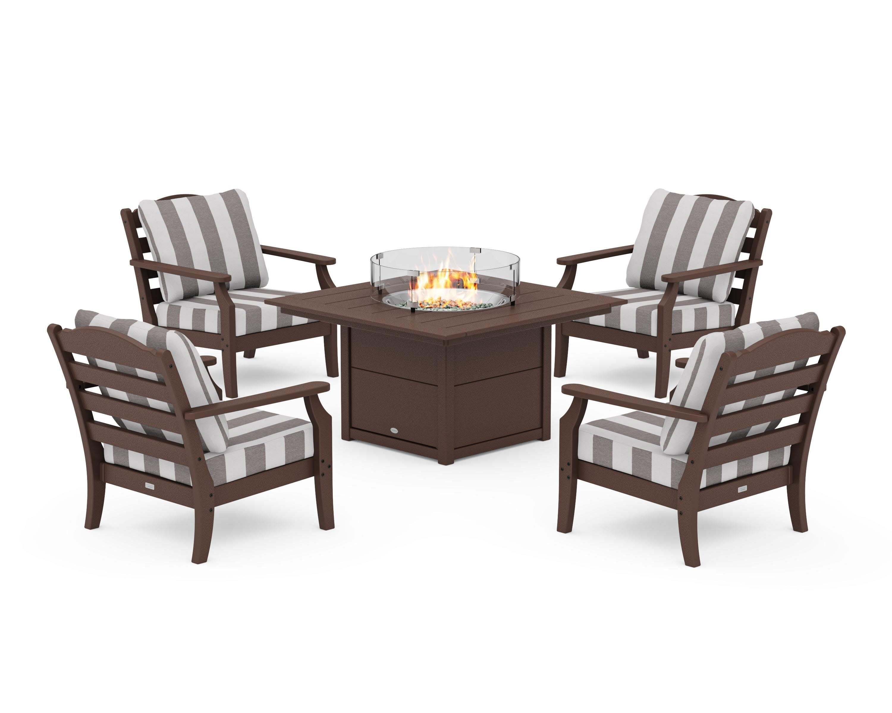 Savannah 5-Piece Deep Seating Set with Fire Pit Table in Mahogany / Cabana Stripe Grey Mist