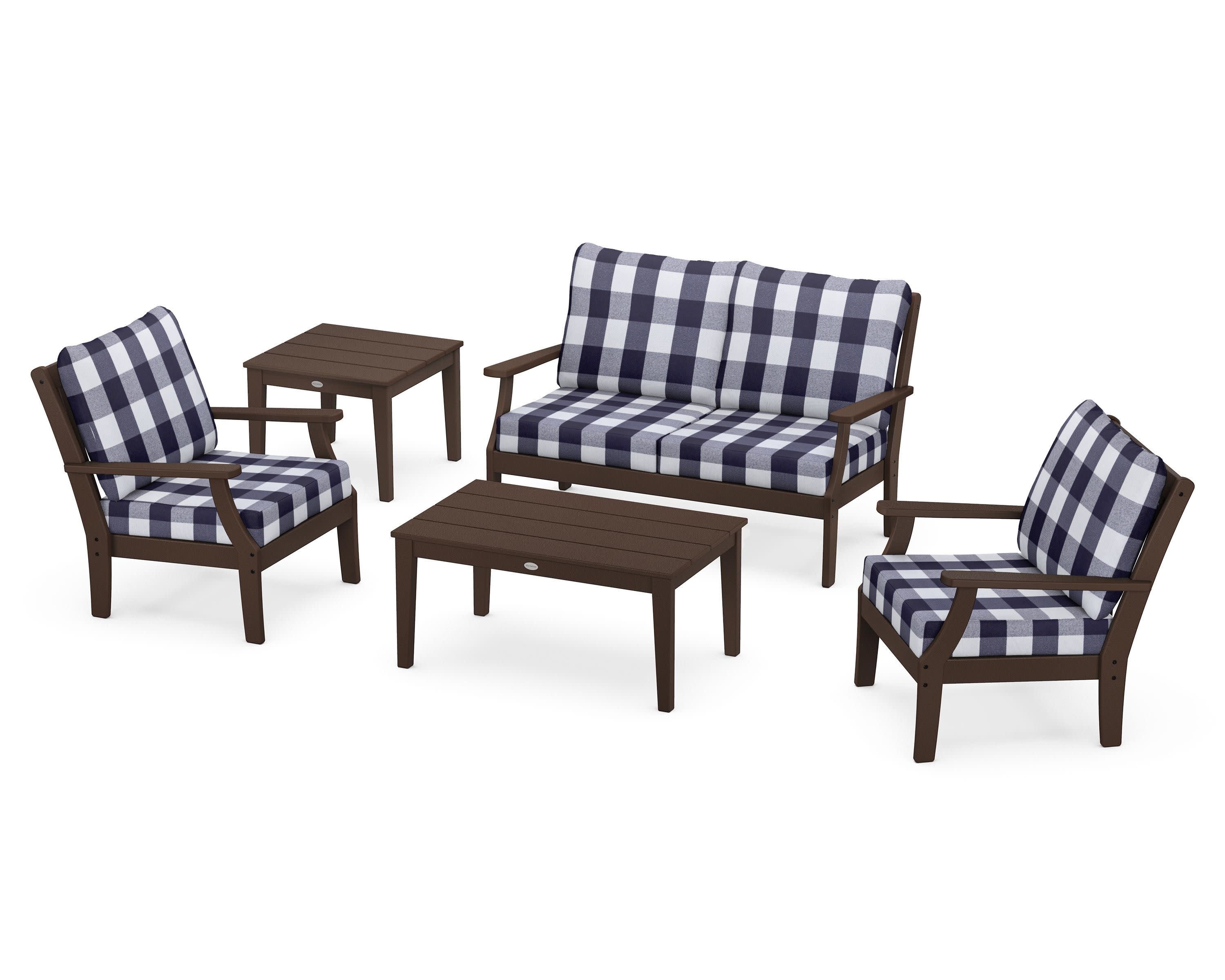 Braxton 5-Piece Deep Seating Set in Mahogany / Buffalo Plaid Navy