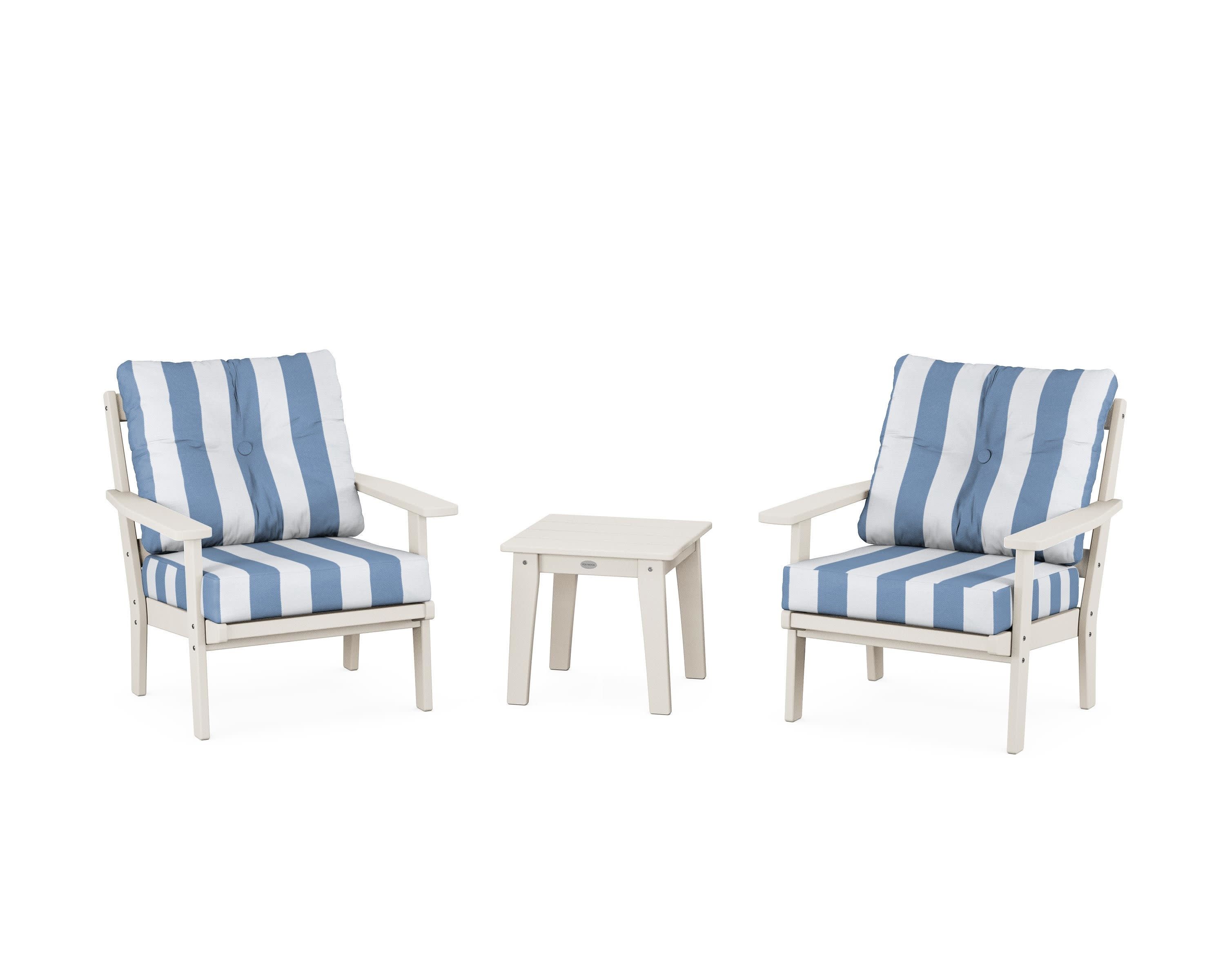 Oxford 3-Piece Deep Seating Set in Sand / Cabana Stripe Sky Blue
