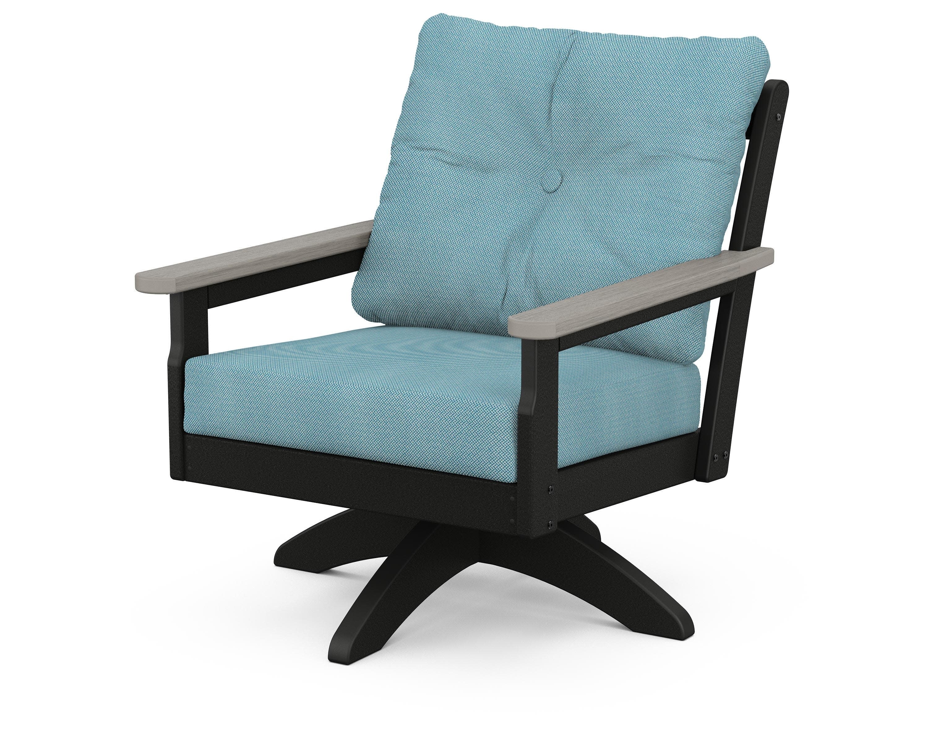 Vineyard Deep Seating Swivel Chair in Black / Driftwood / Lattice Sky Blue